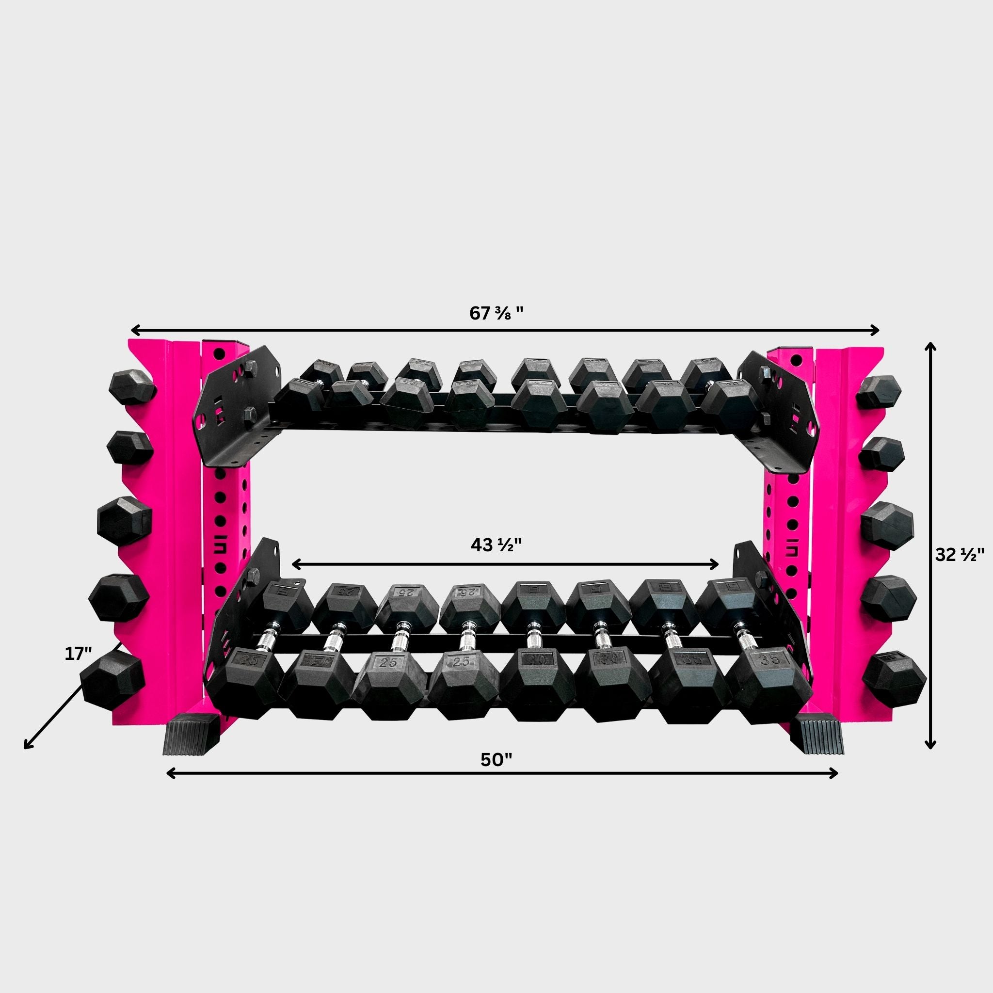 hot pink 43-inch bravo 2-tier horizontal dumbbell storage rack loaded with hex dumbbells and its product dimensions