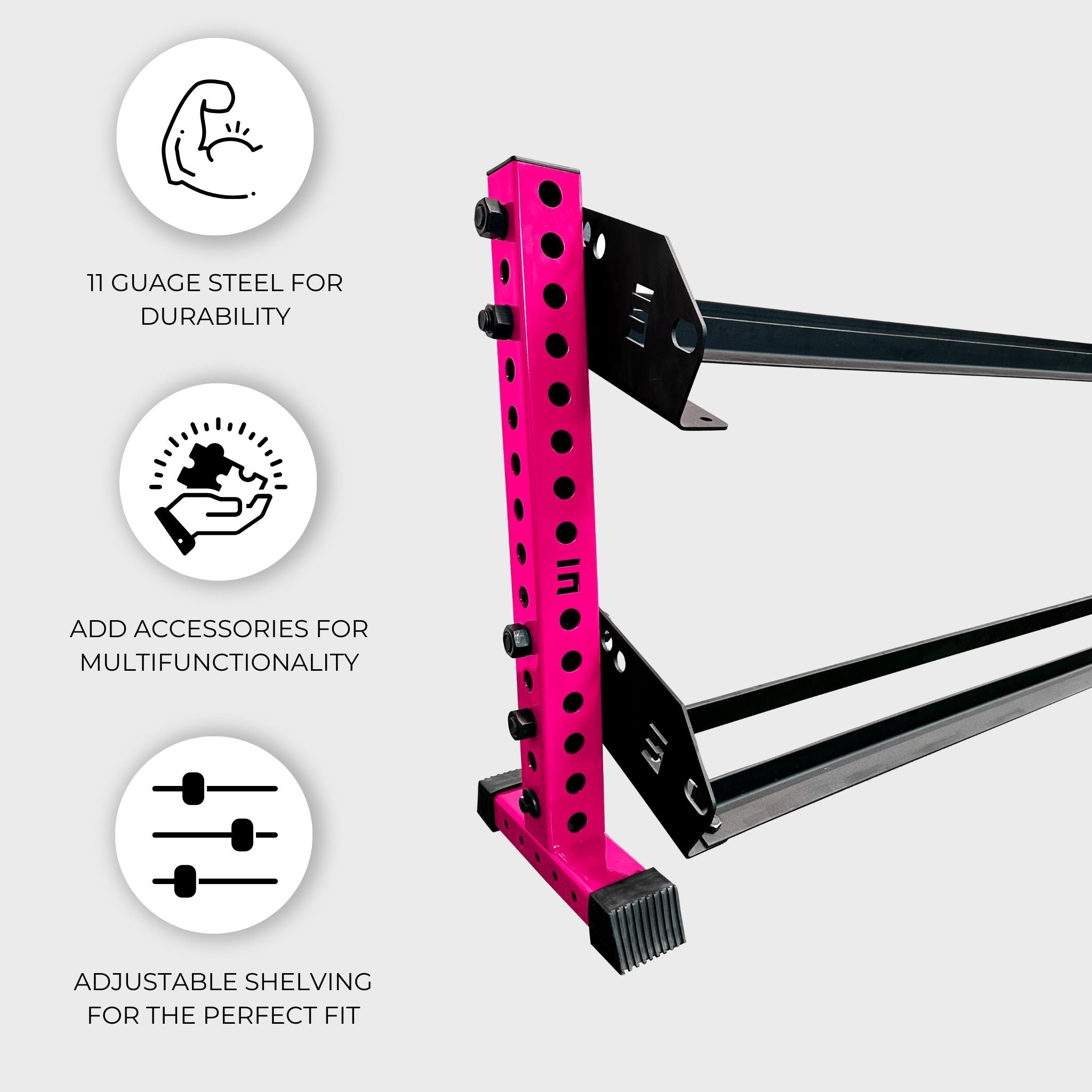 hot pink 43-inch bravo 2-tier horizontal dumbbell storage rack with text reading "11 gauge steel for durability, add accessories for multifunctionality, adjustable shelving for the perfect fit"