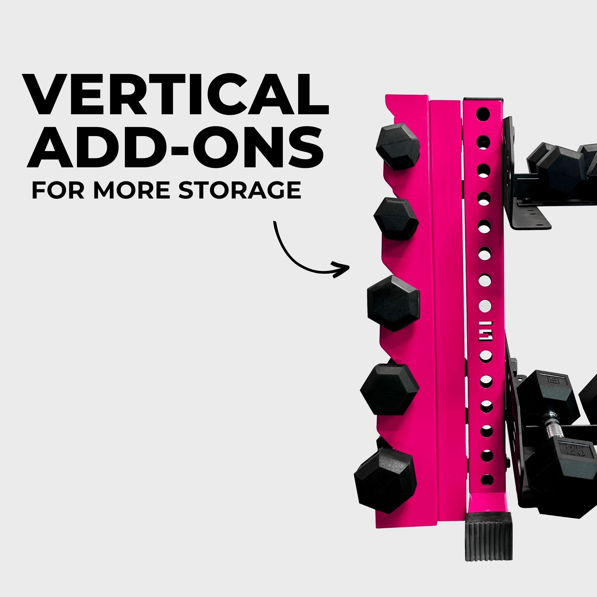 hot pink 43-inch bravo 2-tier horizontal dumbbell storage rack holding hex dumbbells with a vertical add-on and text reading "vertical add-ons for more storage"