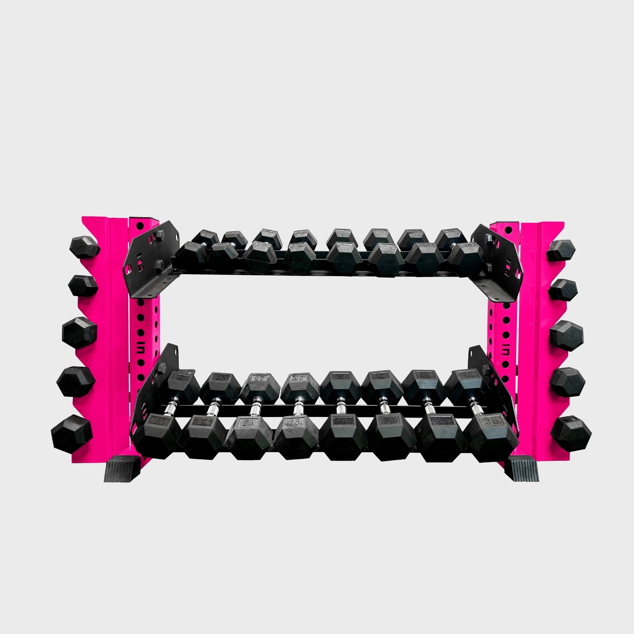 hot pink 43-inch bravo 2-tier horizontal dumbbell storage rack loaded with hex dumbbells