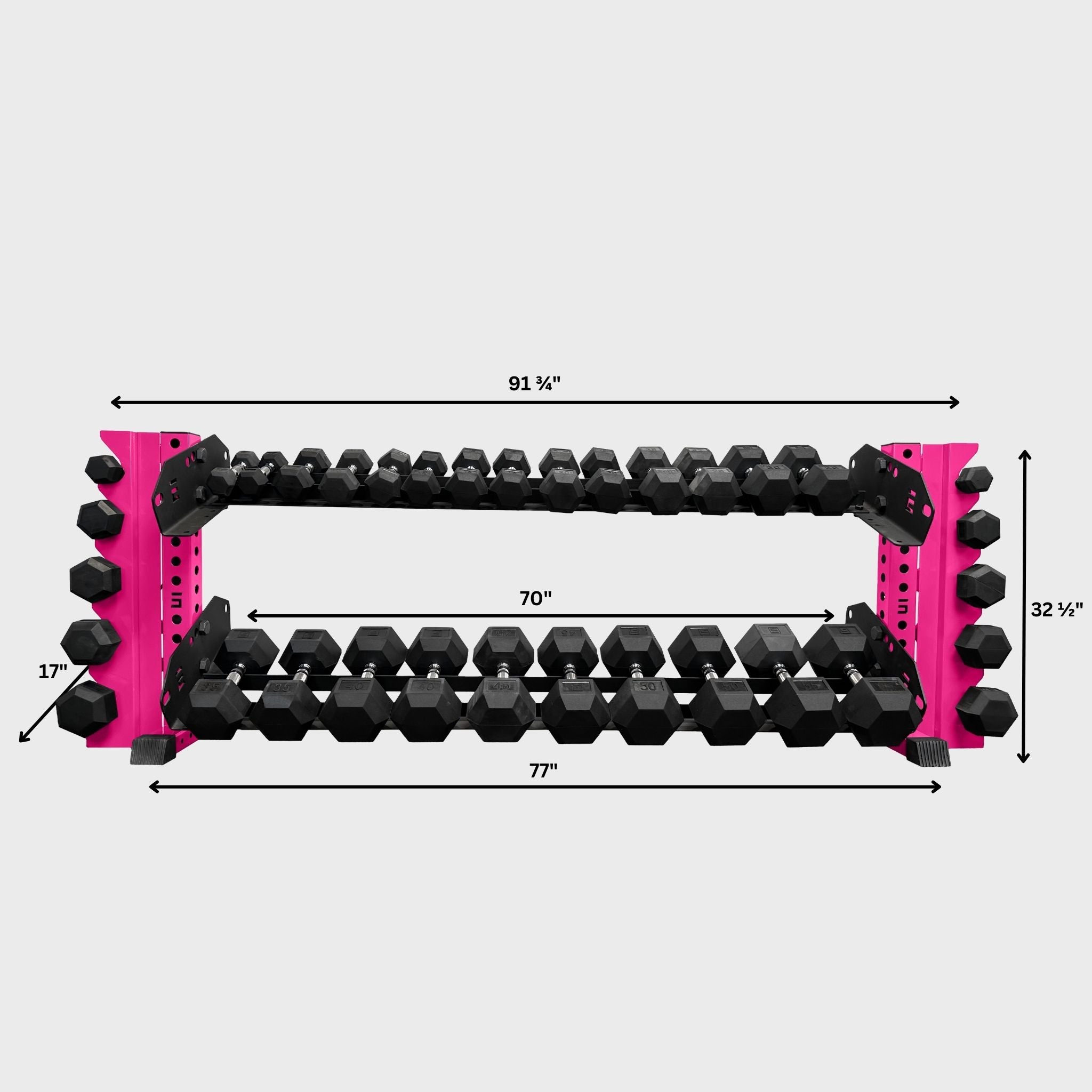 hot pink 70-inch bravo 2-tier horizontal dumbbell storage rack loaded with hex dumbbells and its product dimensions