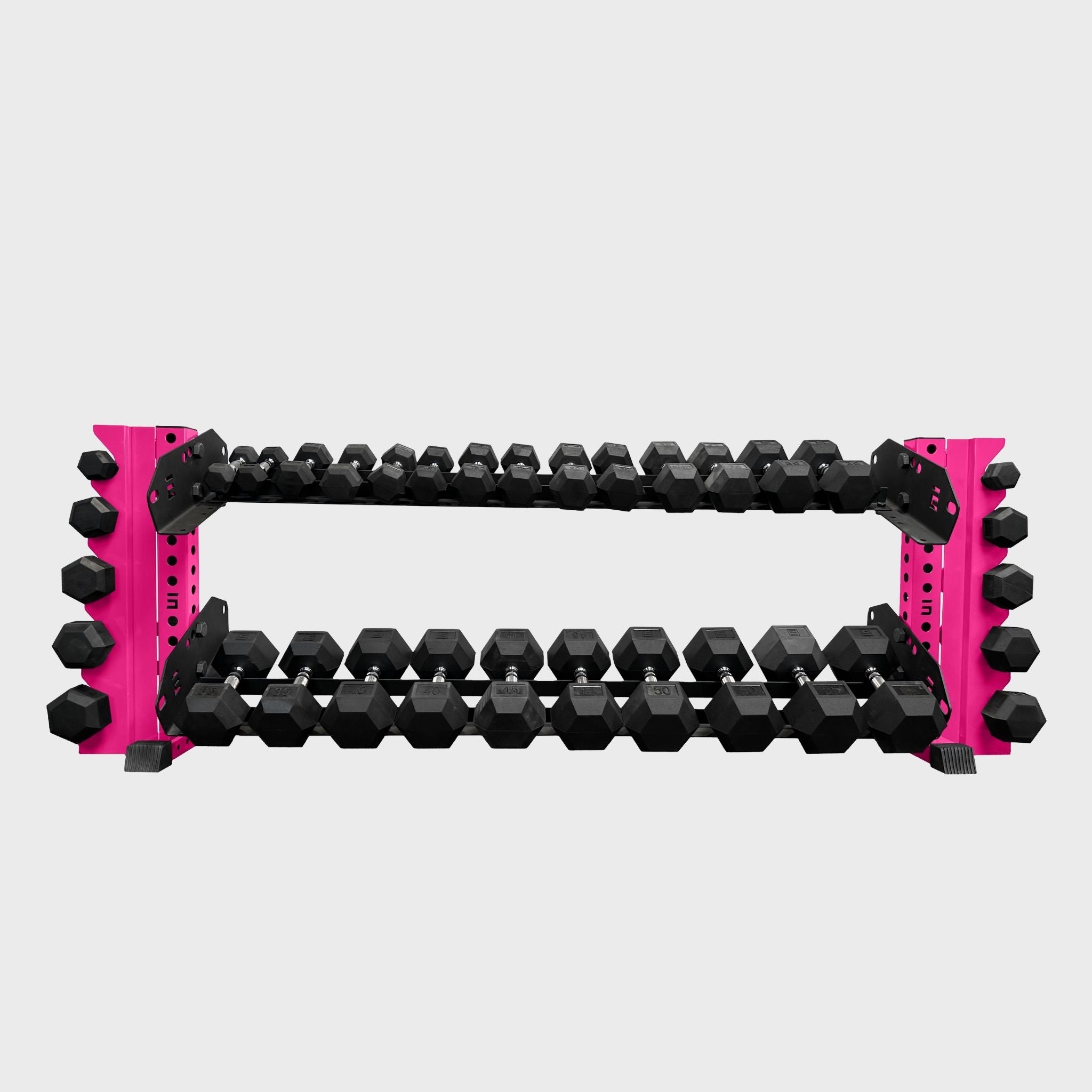 hot pink 70-inch bravo 2-tier horizontal dumbbell storage rack loaded with hex dumbbells