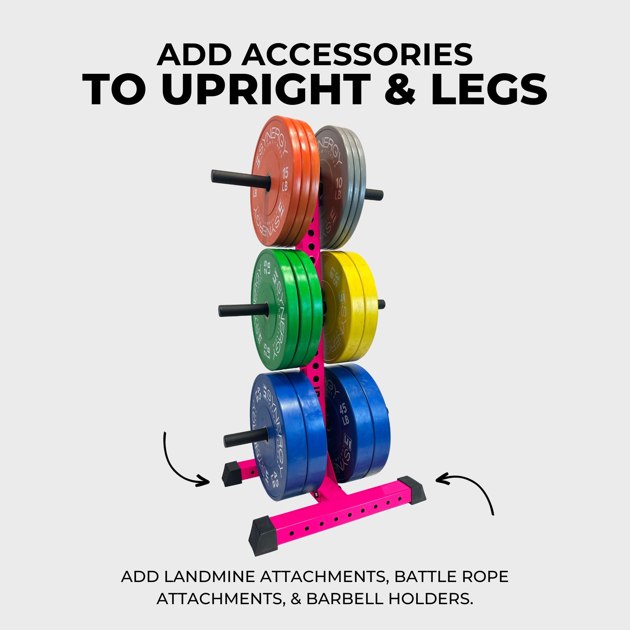 hot pink alpha vertical weight plate storage tree with six weight plate holders holding various weight plates and text that reads "add accessories to upright & legs, add landmine attachments, battle rope attachments, & barbell holders"