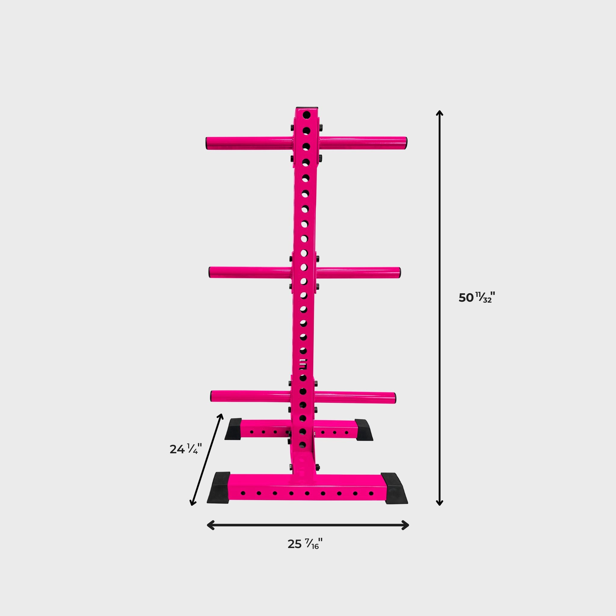 hot pink alpha vertical weight plate storage tree with six weight plate holders and its dimensions: height 50 11/32 inches, length 25 7/16 inches, width 24 1/4 inches