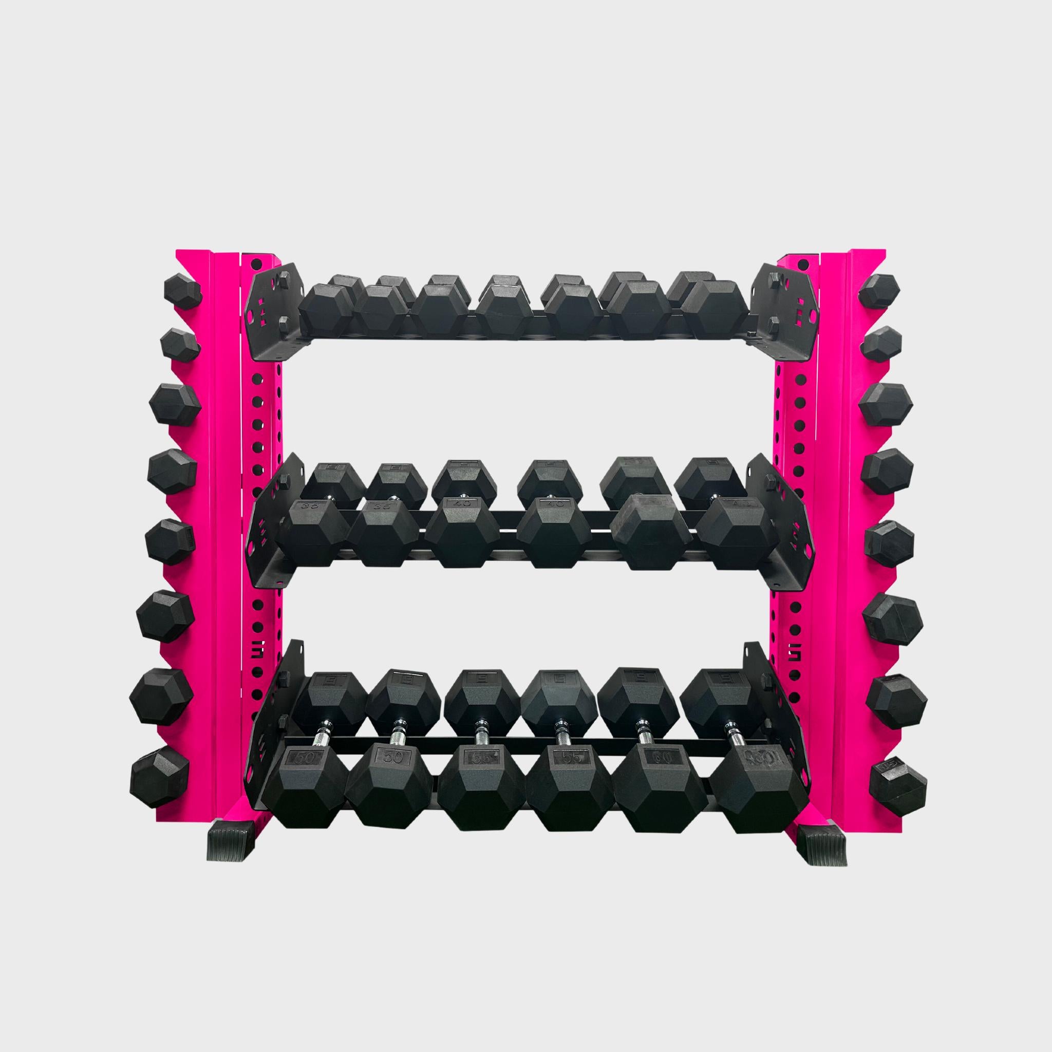 43 inch hot pink alpha 3-tier horizontal dumbbell rack loaded with hex dumbbells and vertical add-ons