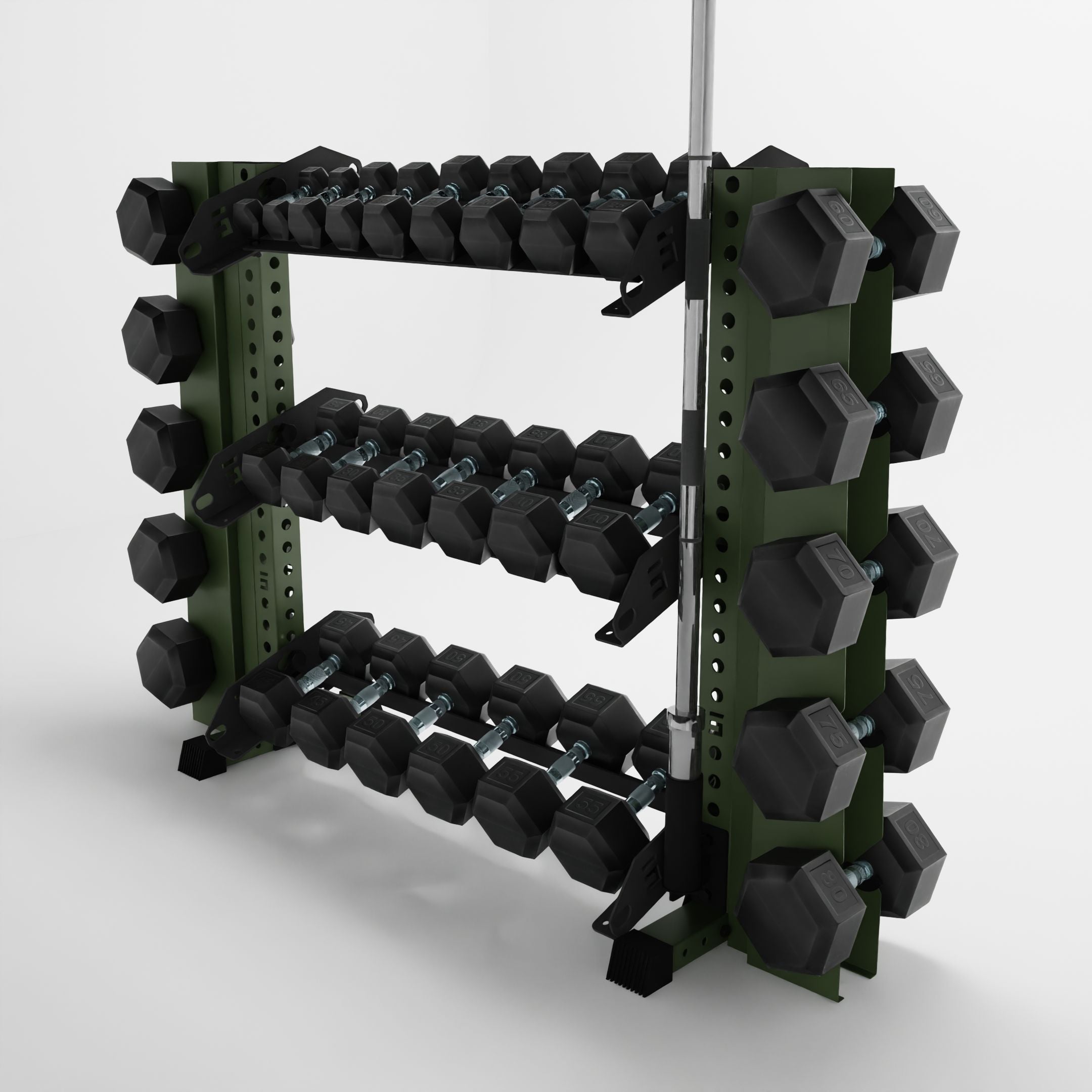 military green 43-inch alpha 3-tier horizontal dumbbell rack with elite vertical add-ons storing dumbbells and a barbell using a storage attachment accessory