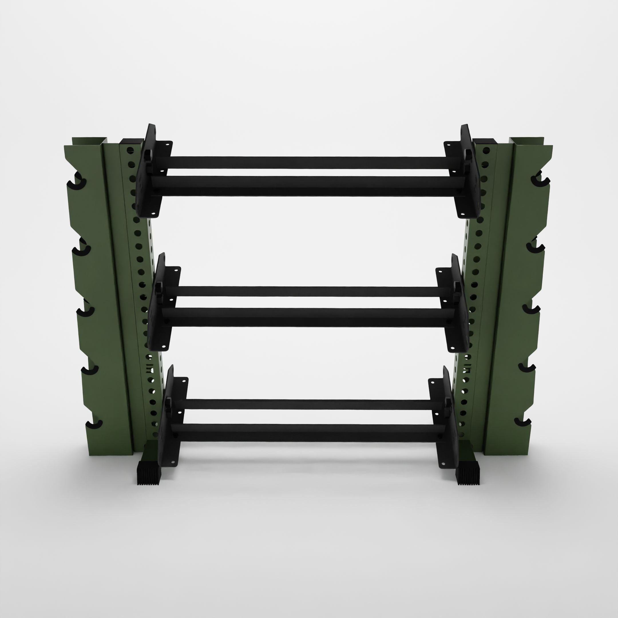 military green 43-inch alpha 3-tier horizontal dumbbell rack with elite vertical add-ons