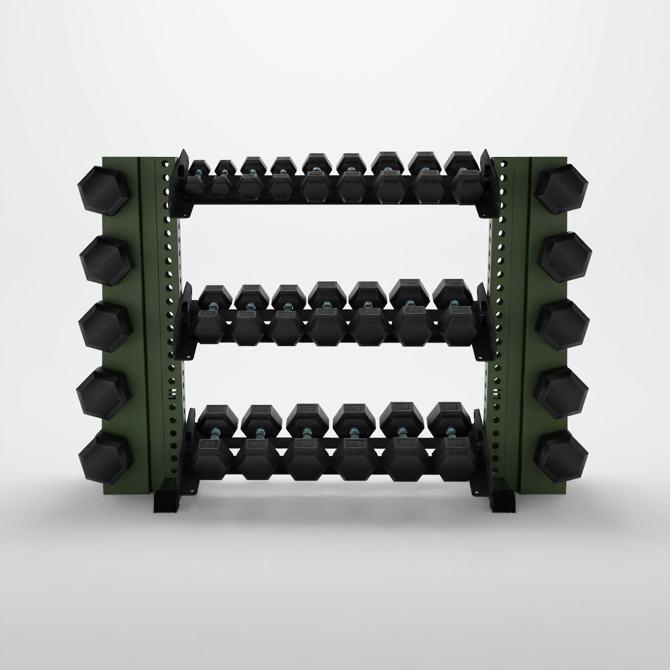 military green 43-inch alpha 3-tier horizontal dumbbell rack with elite vertical add-ons storing hex dumbbells