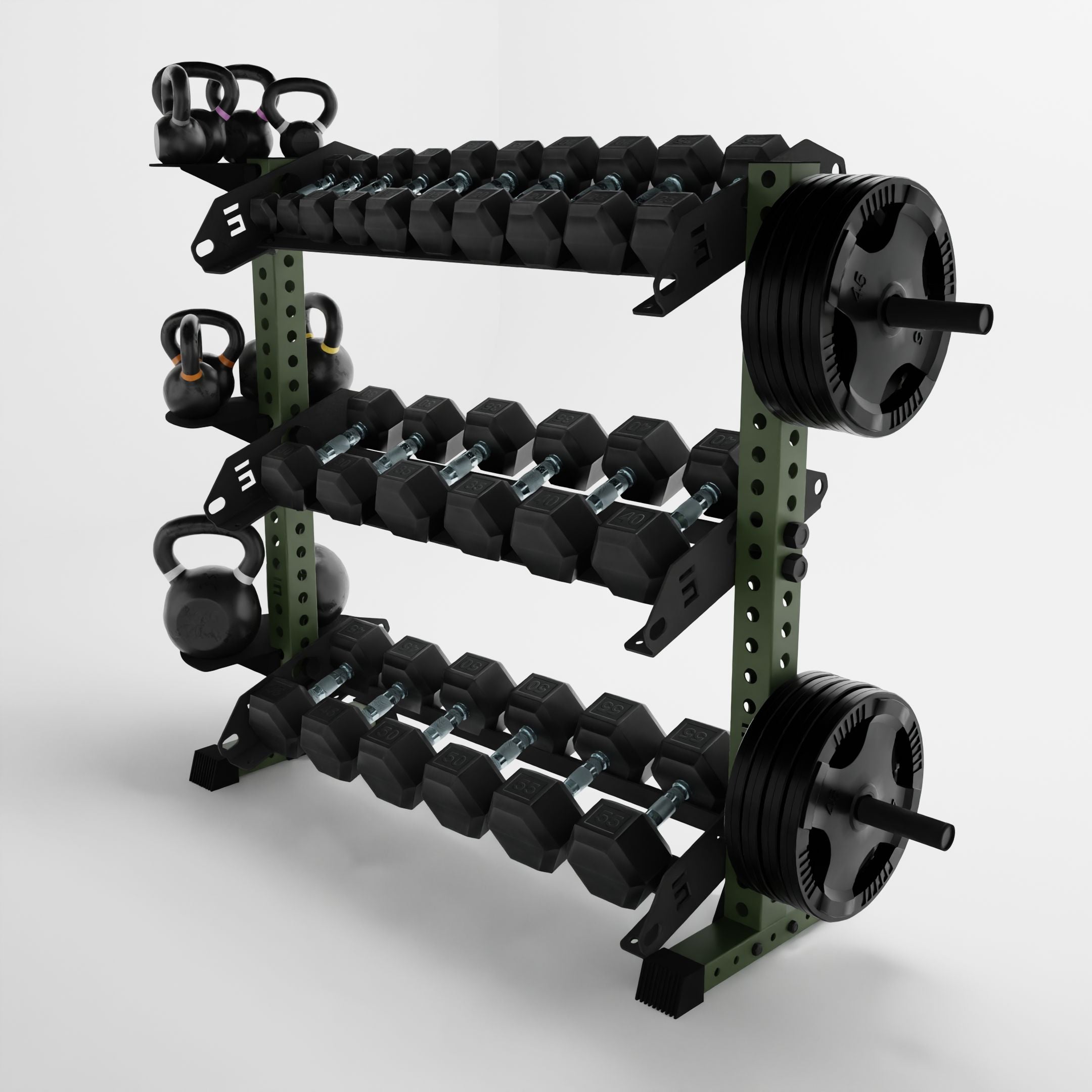 military green 43-inch alpha 3-tier horizontal dumbbell rack storing dumbbells, weight plates, and kettlebells using storage attachment accessories