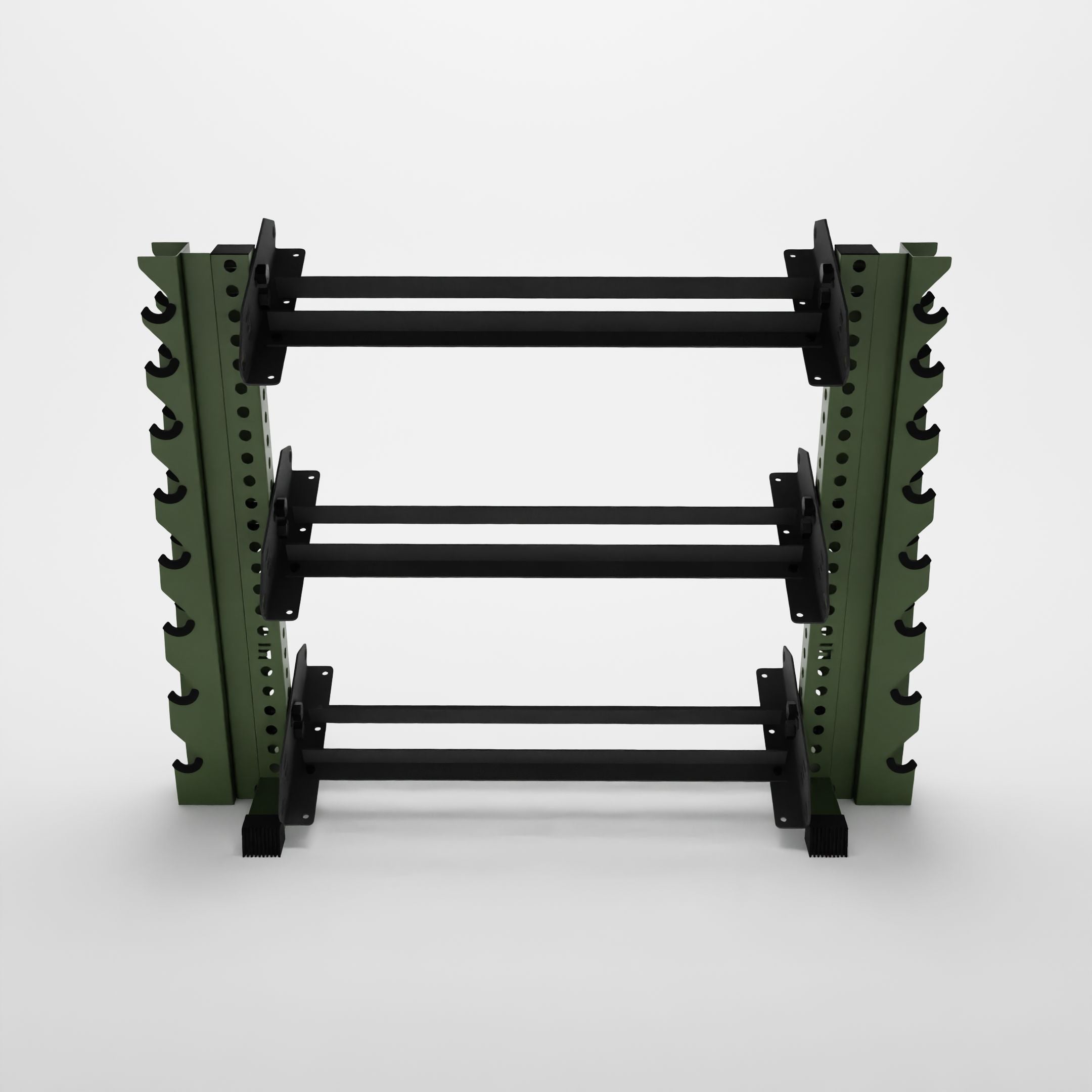 military green 43-inch alpha 3-tier horizontal dumbbell rack with vertical add-ons