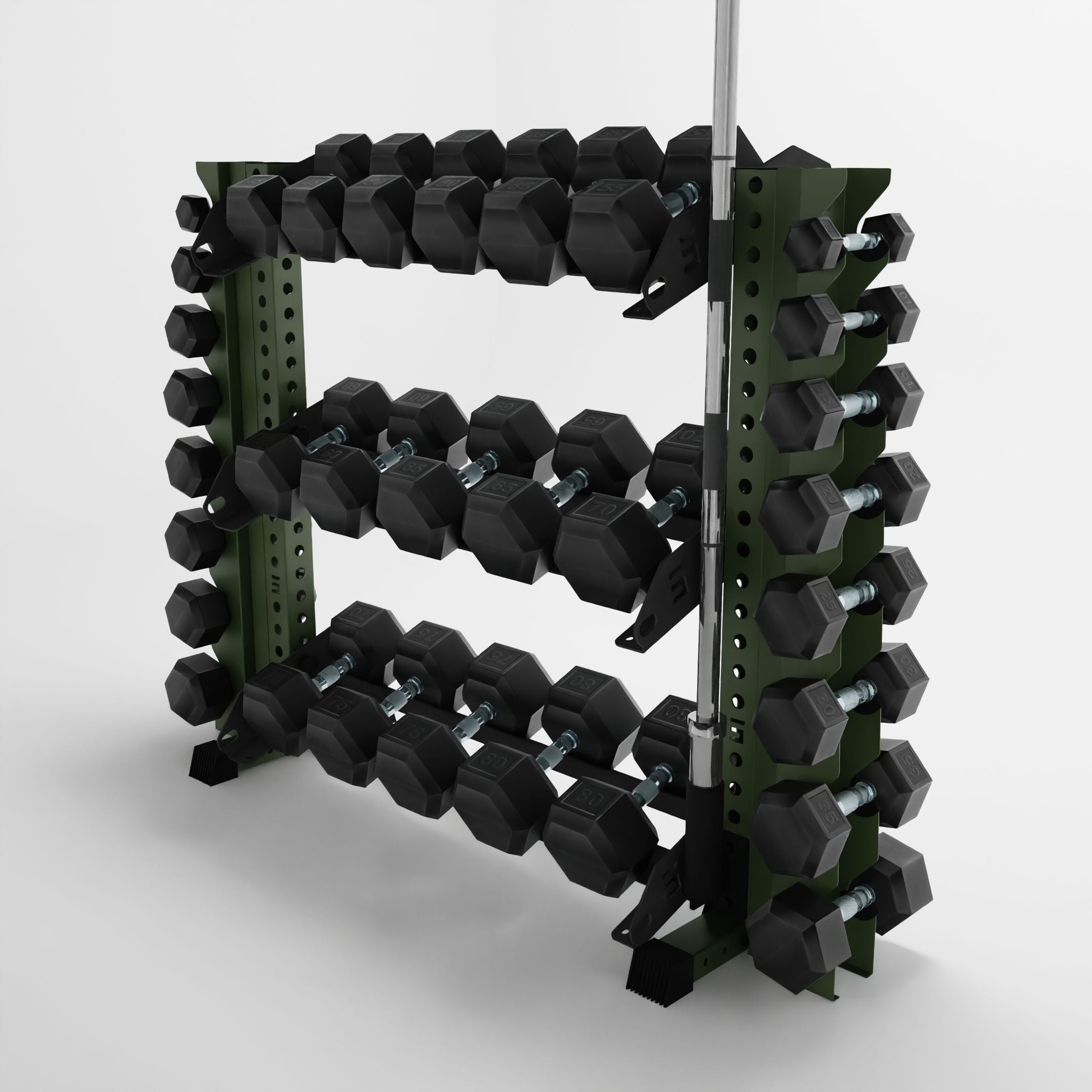 military green 43-inch alpha 3-tier horizontal dumbbell rack with vertical add-ons storing dumbbells and a barbell using a storage attachment accessory