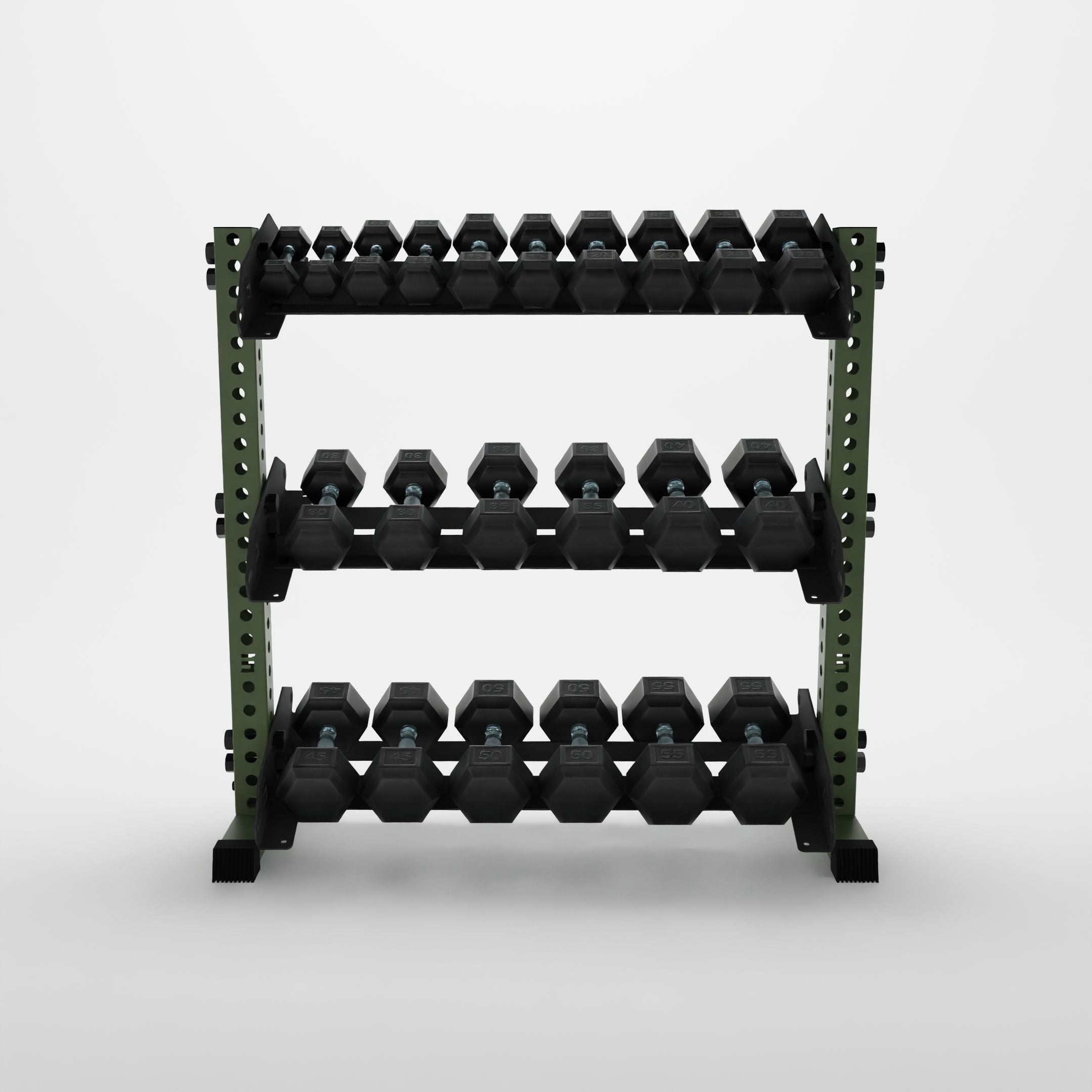 military green 43-inch alpha 3-tier horizontal dumbbell rack storing hex dumbbells