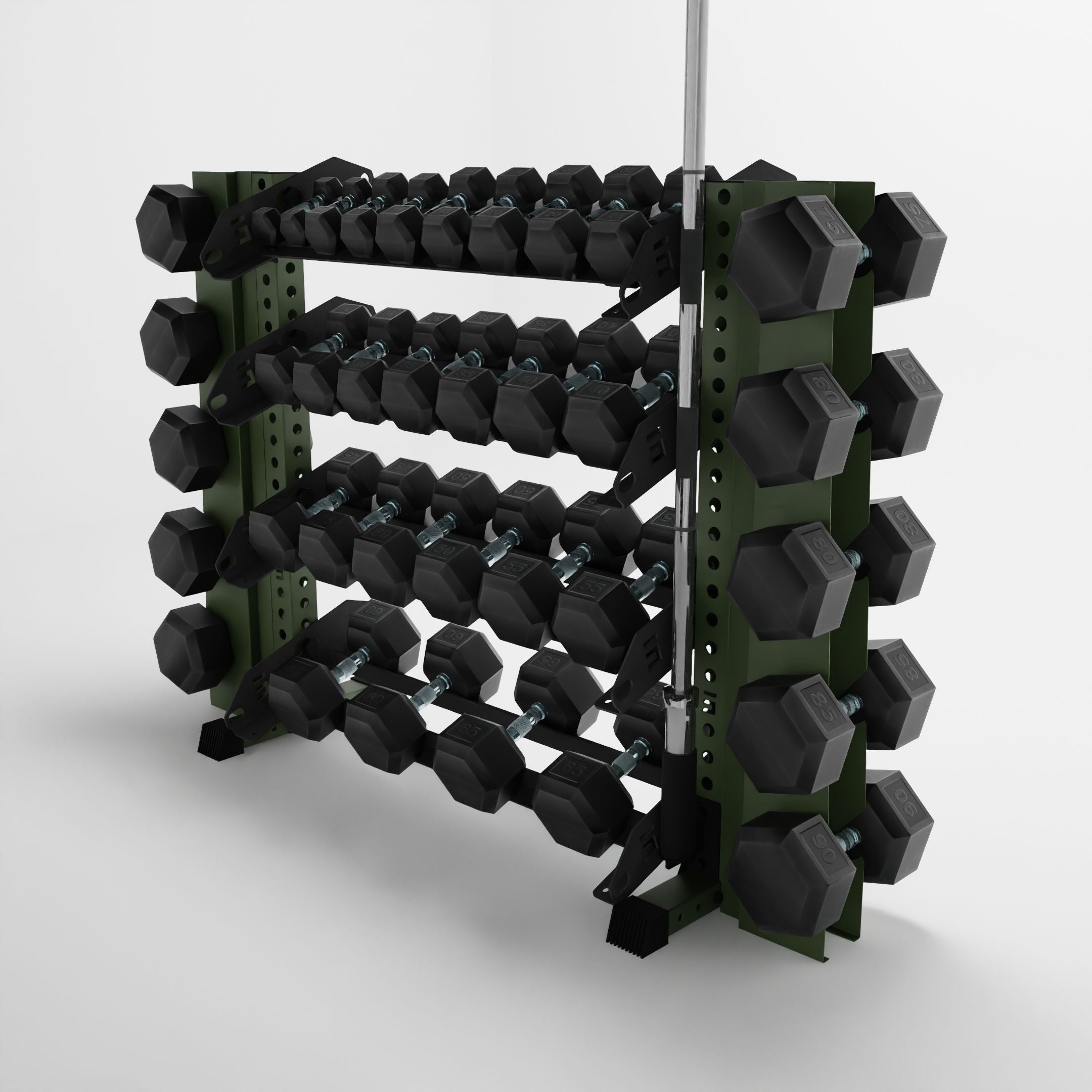 military green 43-inch alpha 4-tier horizontal dumbbell rack with elite vertical add-ons storing hex dumbbells and a barbell using a storage attachment accessory