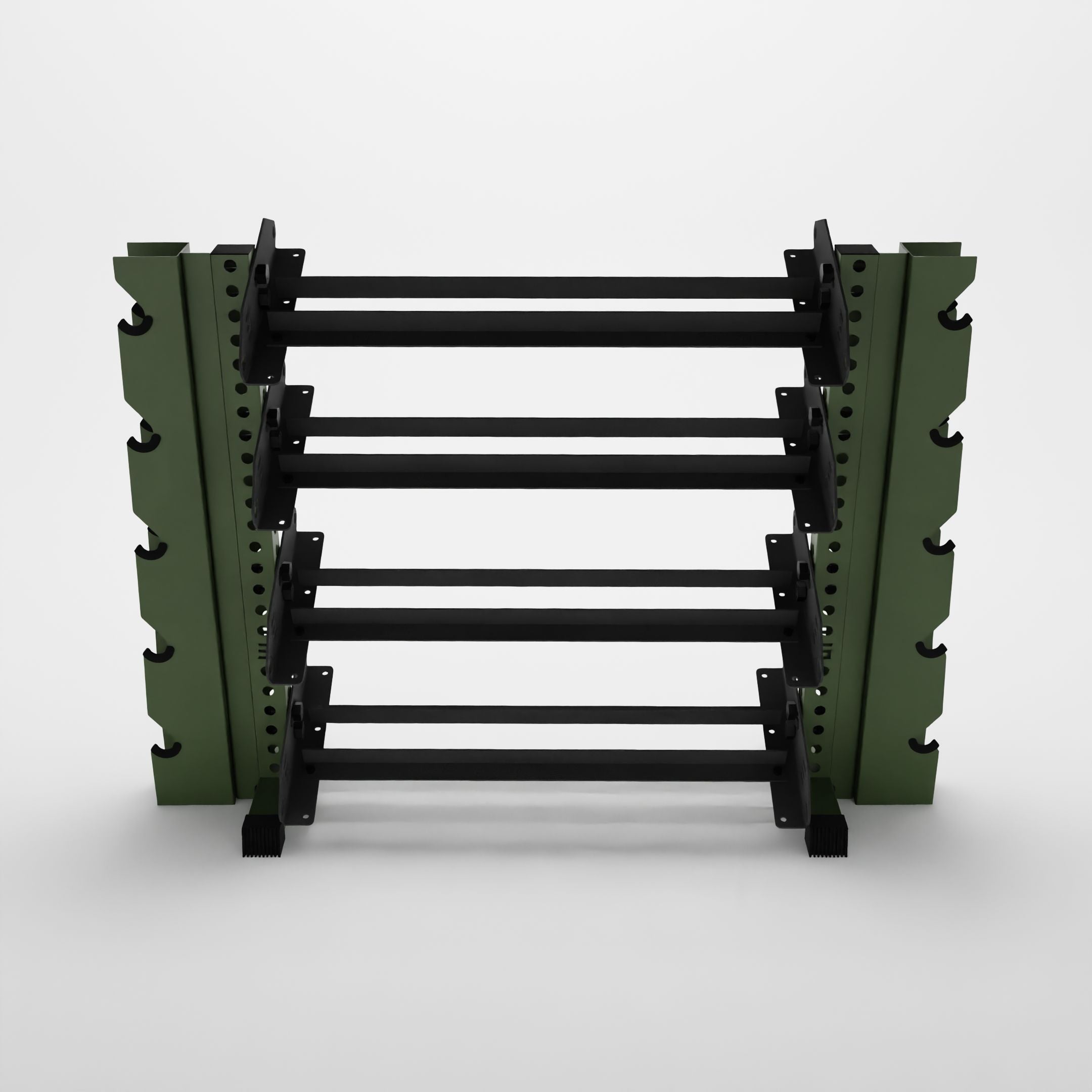 military green 43-inch alpha 4-tier horizontal dumbbell rack with elite vertical add-ons