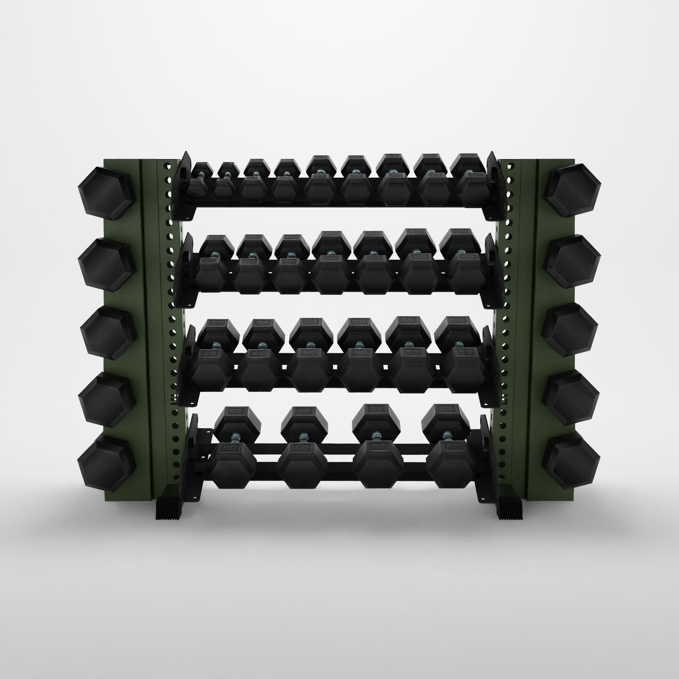 military green 43-inch alpha 4-tier horizontal dumbbell rack with elite vertical add-ons storing hex dumbbells