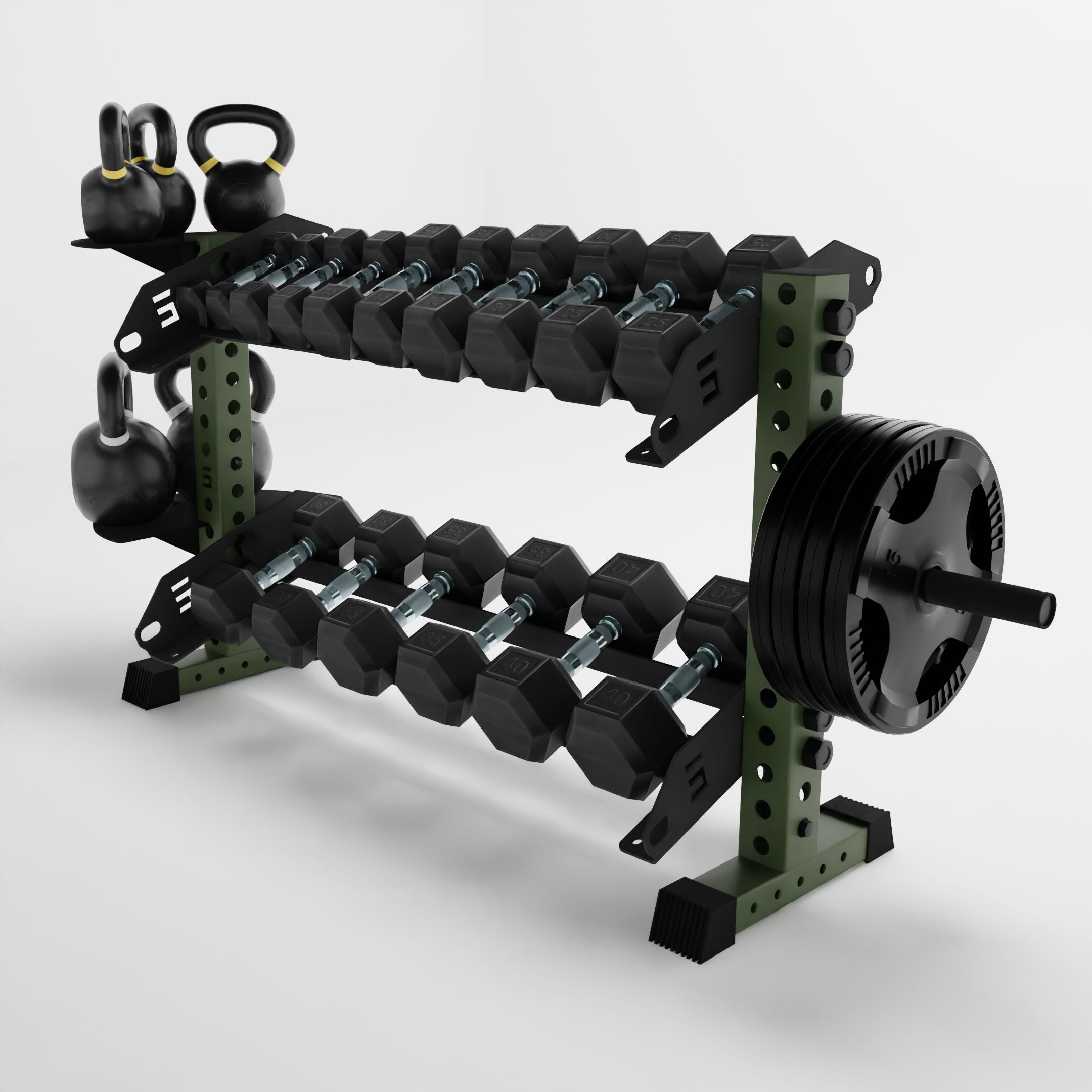 military green 43-inch bravo 2-tier horizontal dumbbell rack storing dumbbells, weight plates, and kettlebells using storage attachment accessories