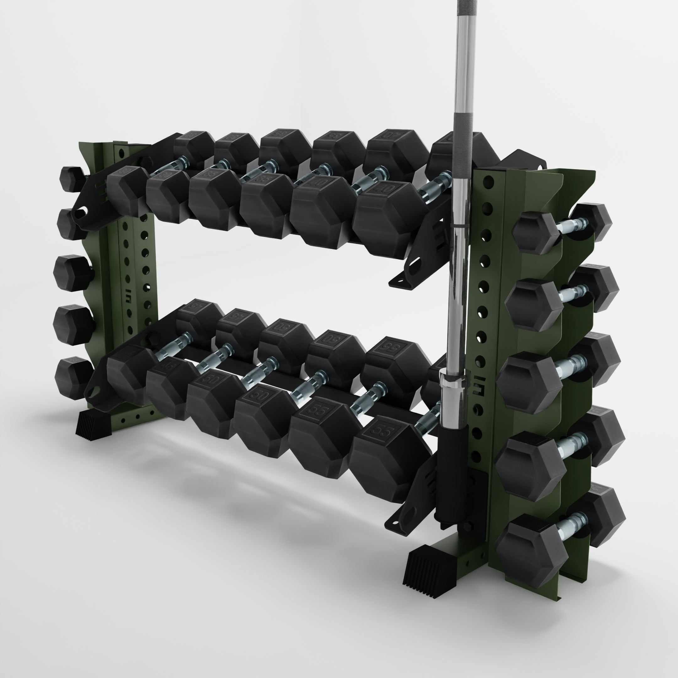 military green 43-inch bravo 2-tier horizontal dumbbell rack with vertical add-ons storing dumbbells and a barbell using a storage attachment accessory