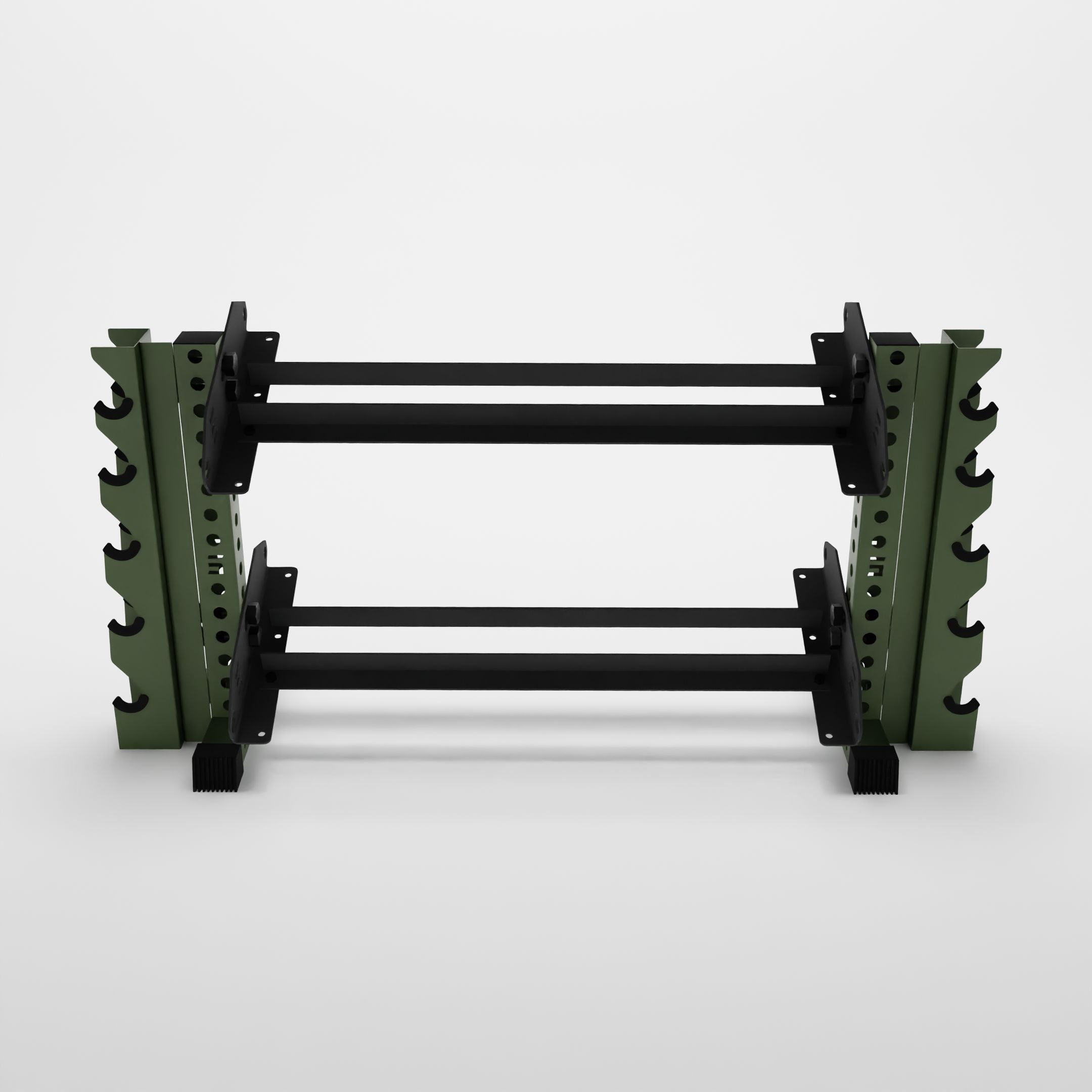 military green 43-inch bravo 2-tier horizontal dumbbell rack with vertical add-ons