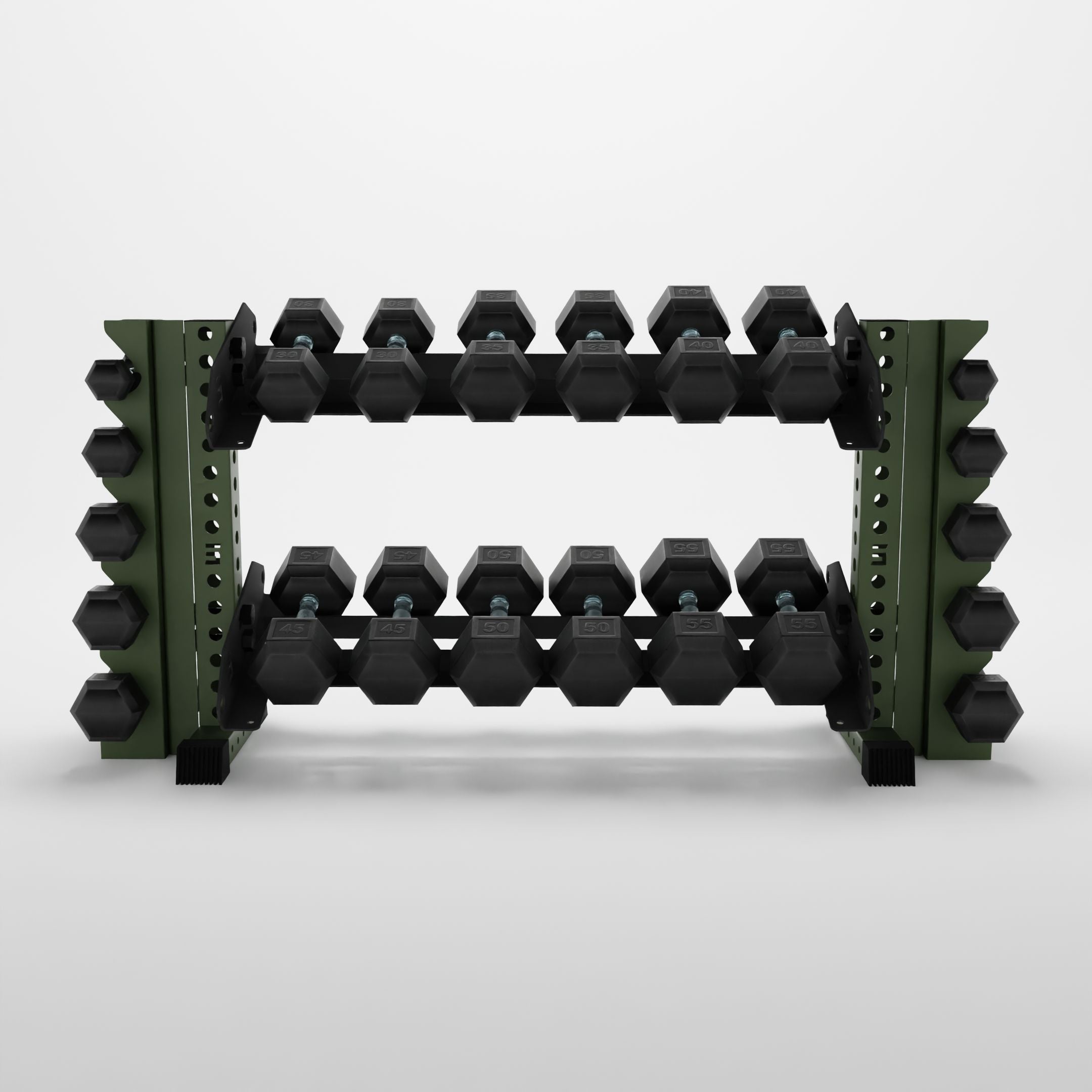 military green 43-inch bravo 2-tier horizontal dumbbell rack with vertical add-ons storing hex dumbbells