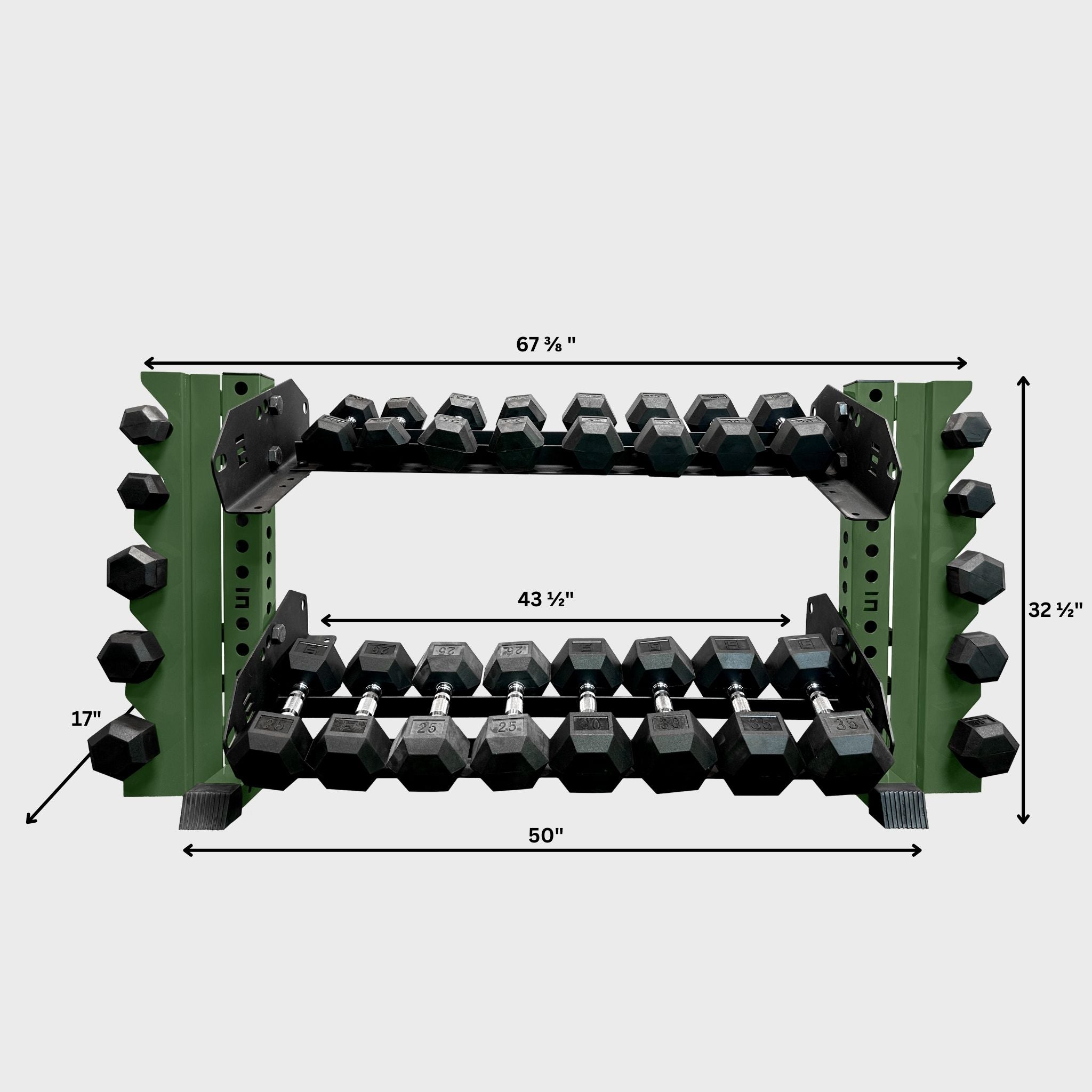 military green 43-inch bravo 2-tier horizontal dumbbell storage rack loaded with hex dumbbells and its product dimensions