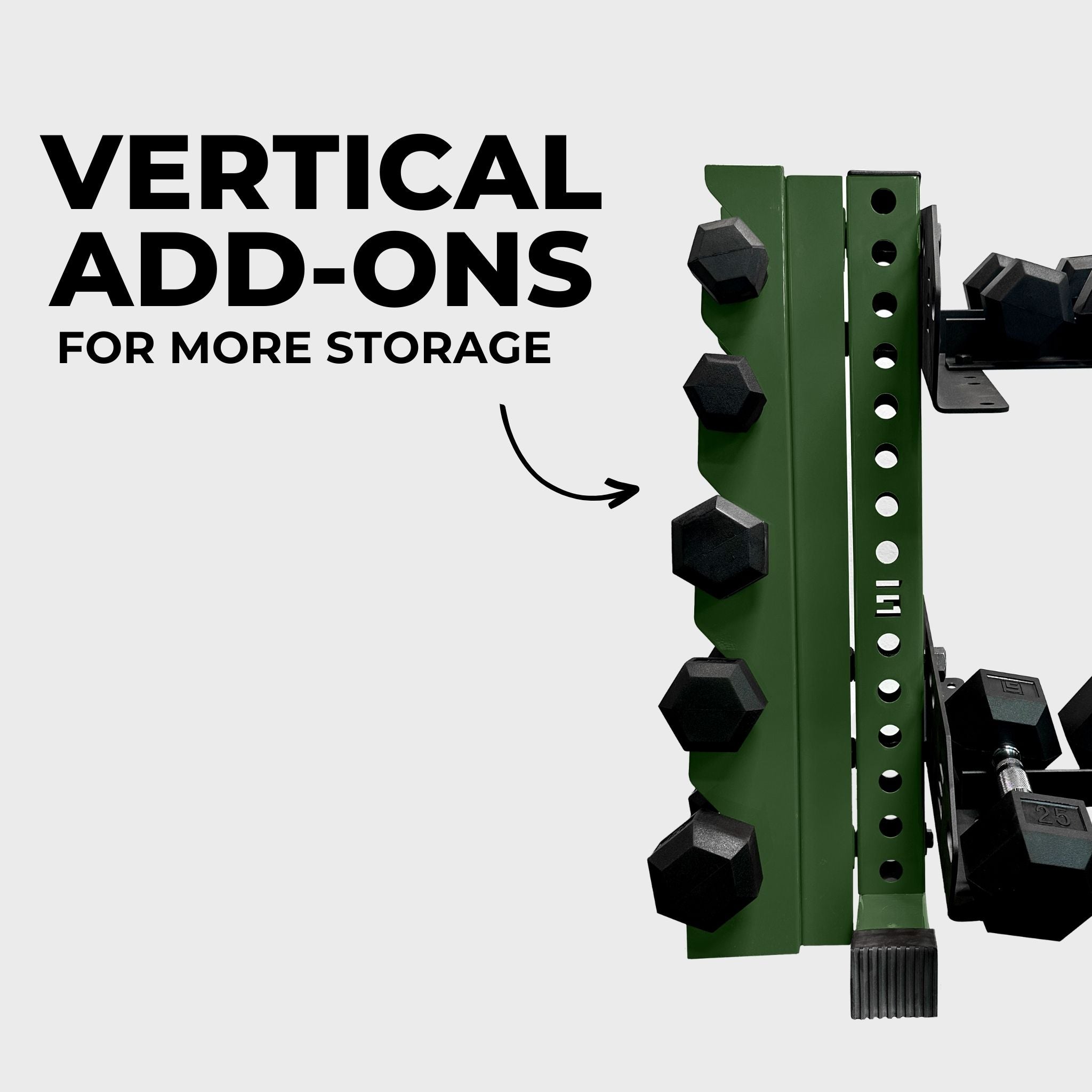 military green 43-inch bravo 2-tier horizontal dumbbell storage rack holding hex dumbbells with a vertical add-on and text reading "vertical add-ons for more storage"