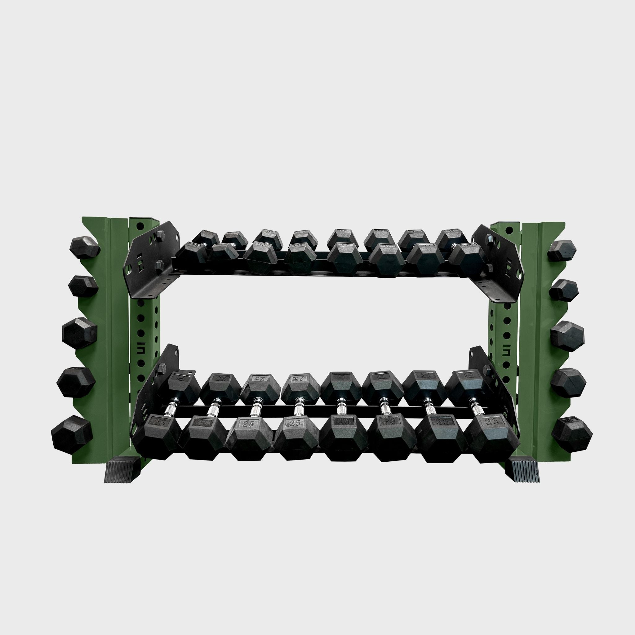 military green 43-inch bravo 2-tier horizontal dumbbell storage rack loaded with hex dumbbells