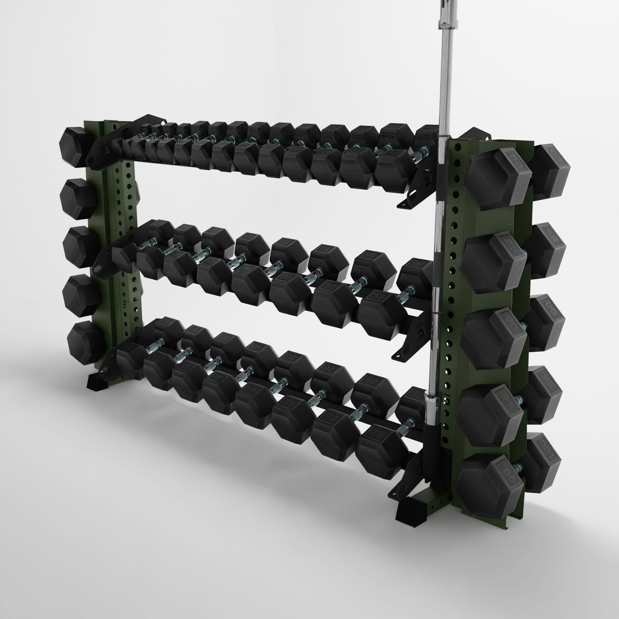 military green 70-inch alpha 3-tier horizontal dumbbell rack with elite vertical add-ons storing dumbbells and a barbell using a storage attachment accessory