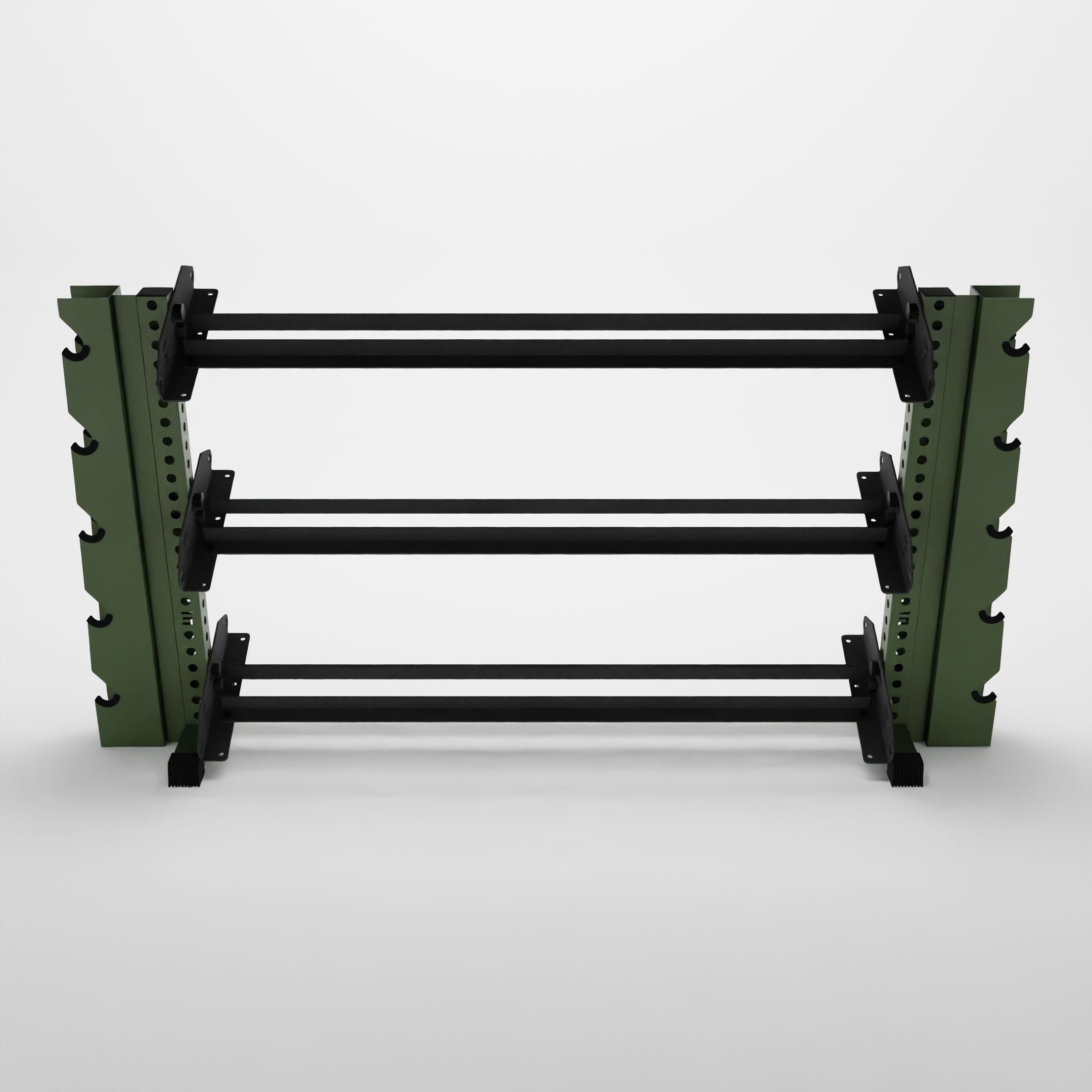 military green 70-inch alpha 3-tier horizontal dumbbell rack with elite vertical add-ons