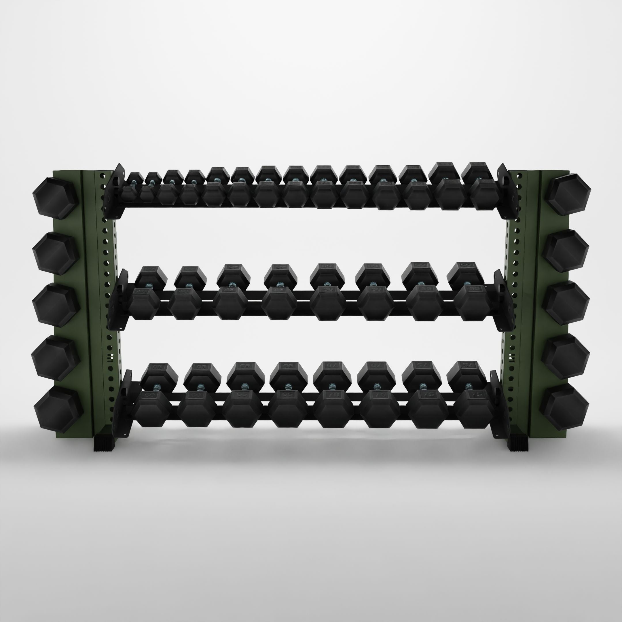 military green 70-inch alpha 3-tier horizontal dumbbell with elite vertical add-ons storing hex dumbbells