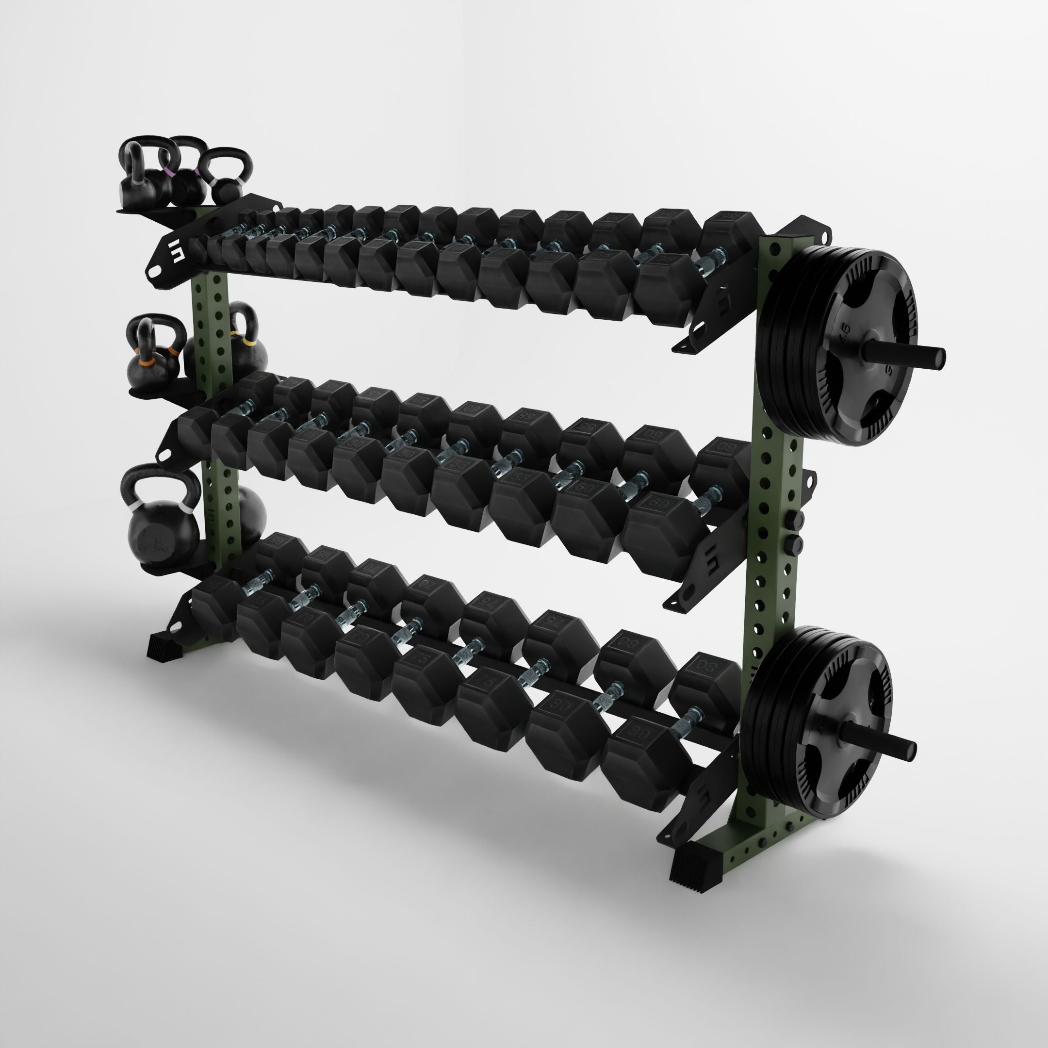 military green 70-inch alpha 3-tier horizontal dumbbell rack storing dumbbells, weight plates, and kettlebells using storage attachment accessories