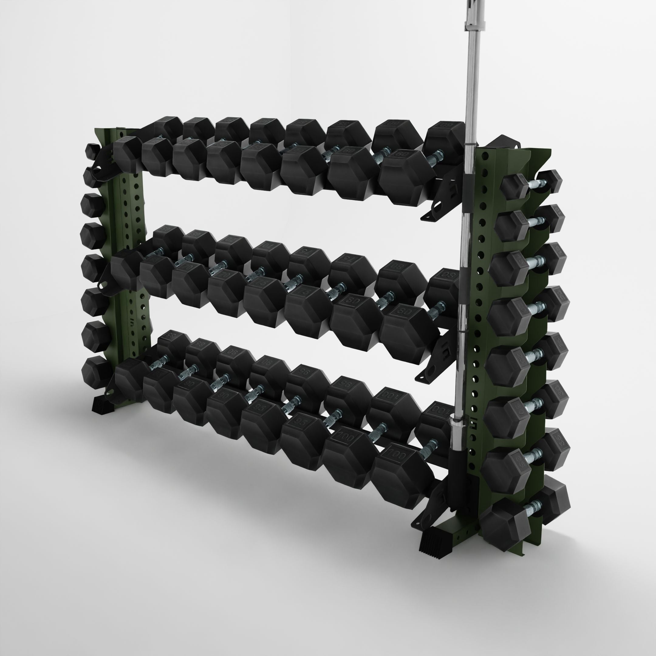 military green 70-inch alpha 3-tier horizontal dumbbell rack with vertical add-ons storing dumbbells and a barbell using a storage attachment accessory