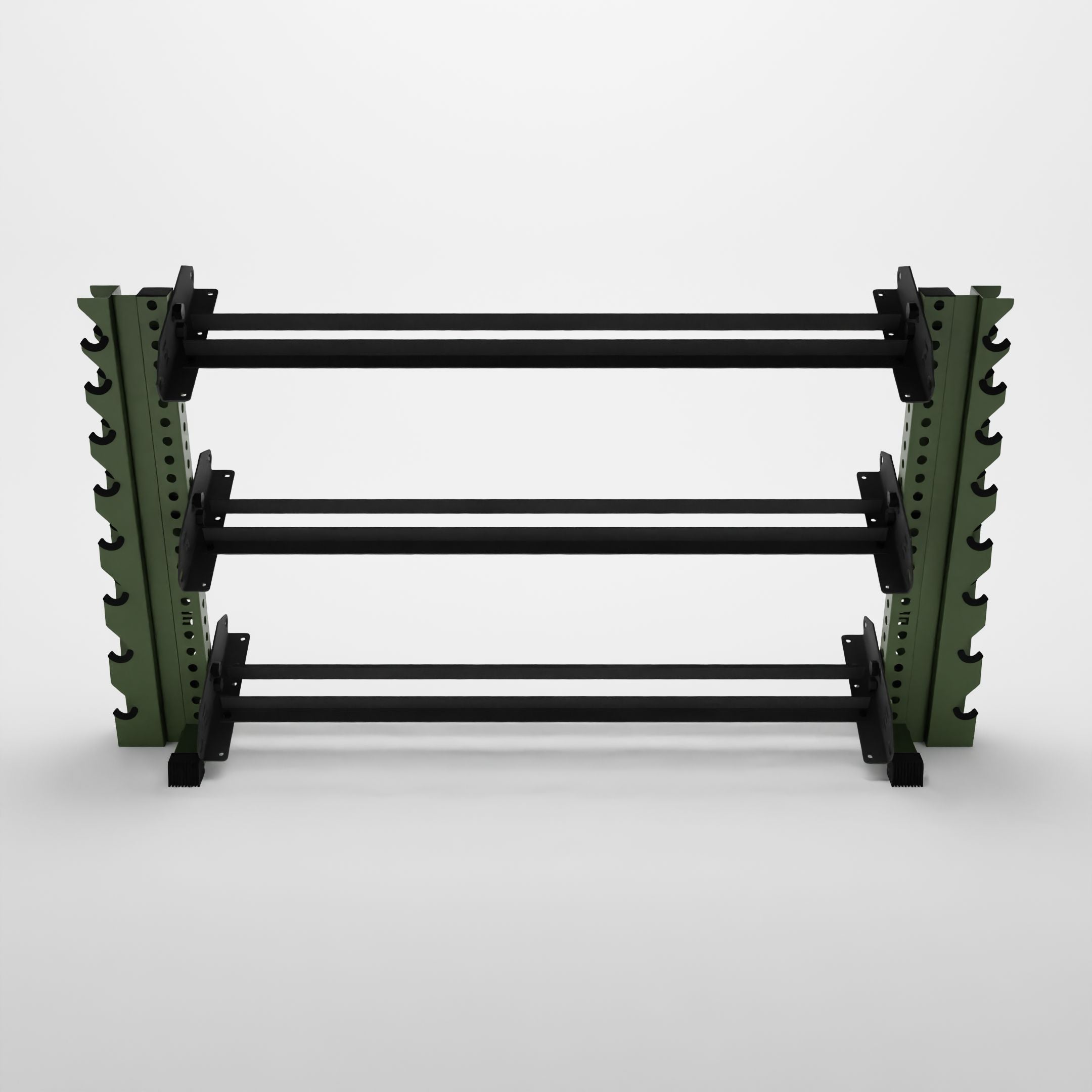 military green 70-inch alpha 3-tier horziontal dumbbell rack vertical add-ons