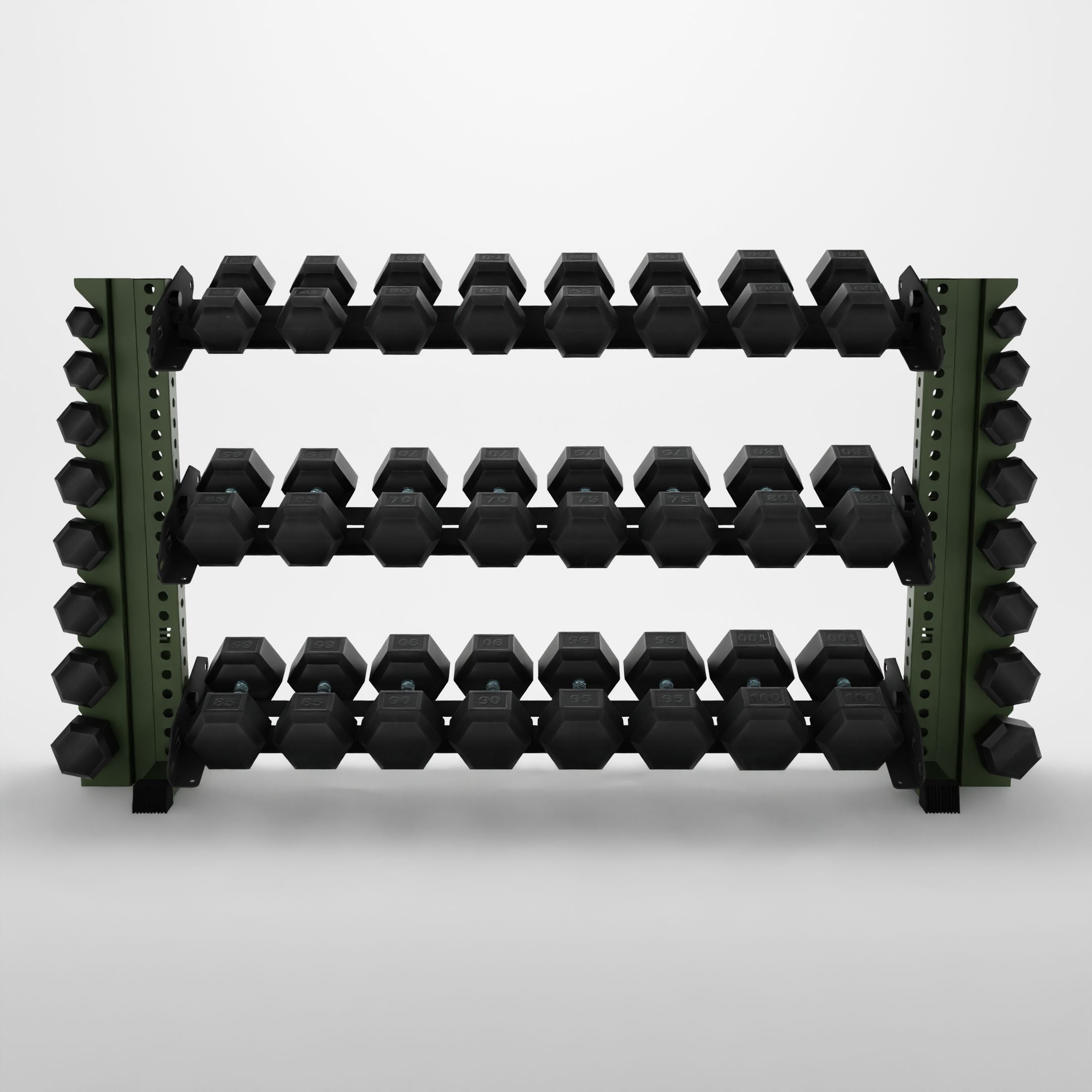 military green 70-inch alpha 3-tier horizontal dumbbell rack with vertical add-ons storing hex dumbbells