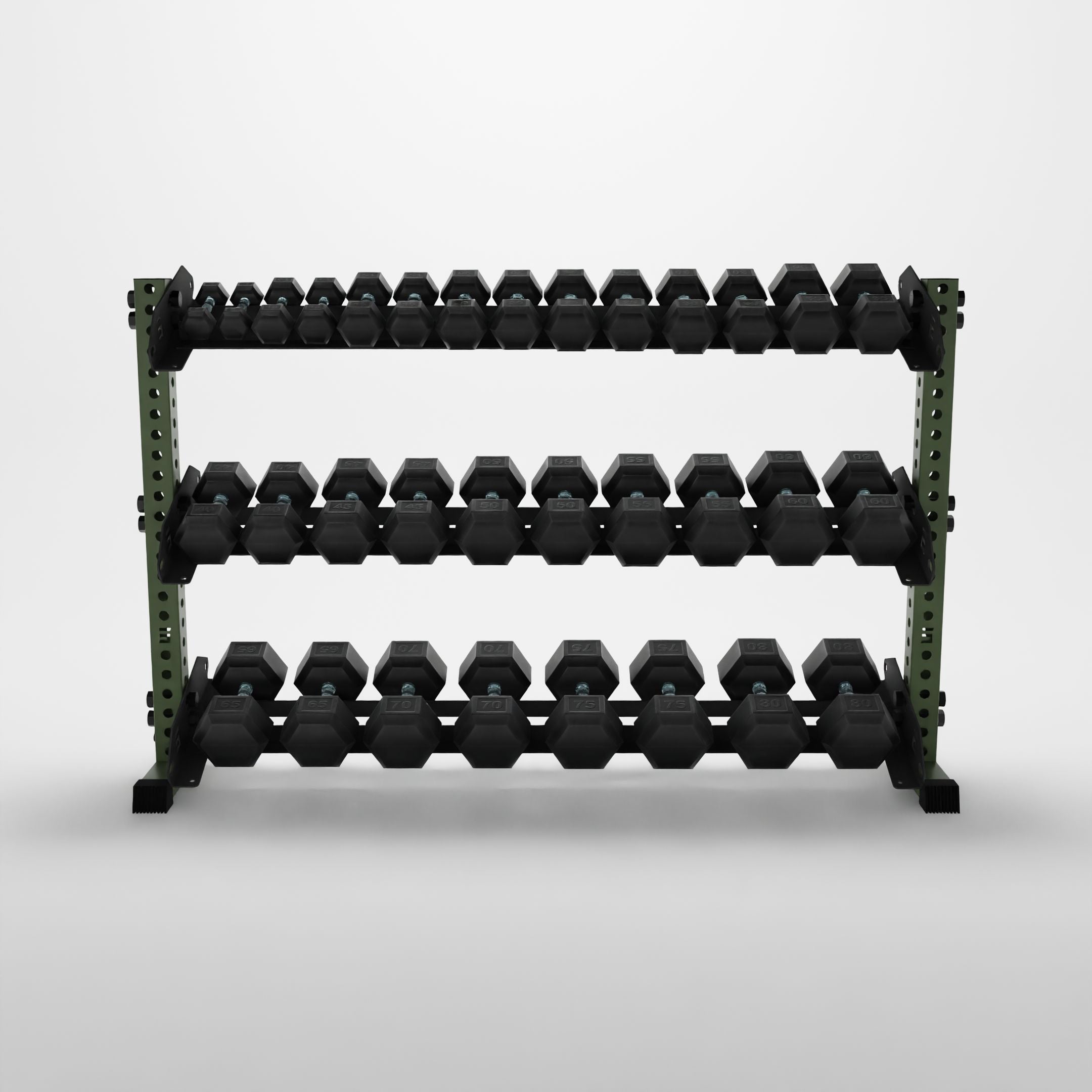 military green 70-inch alpha 3-tier horizontal dumbbell rack storing hex dumbbells