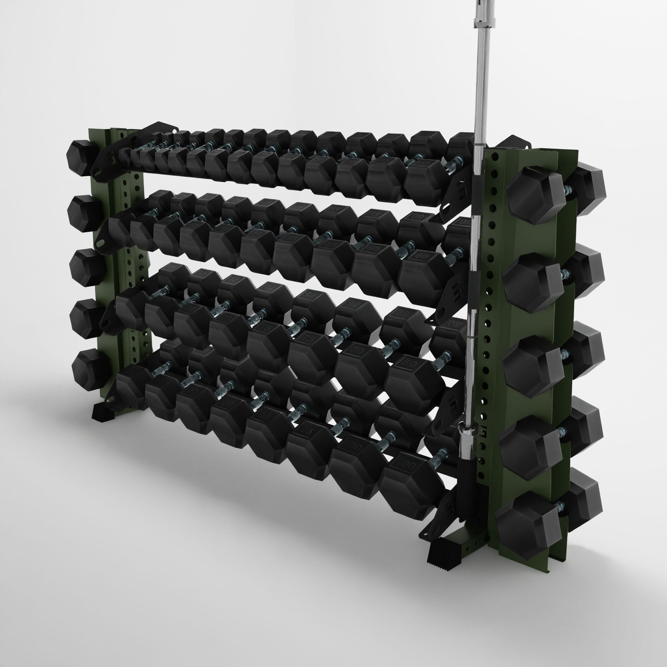 military green 70-inch alpha 4-tier horizontal dumbbell rack with elite vertical add-ons storing hex dumbbells and a barbell with a storage attachment accessory