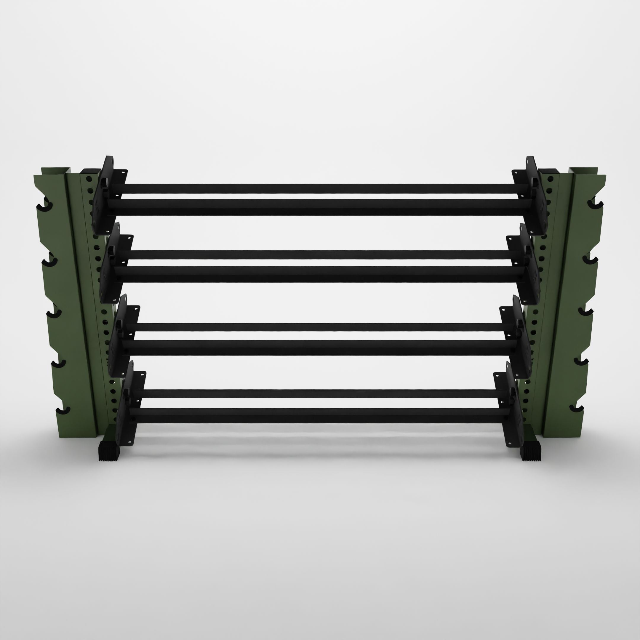 military green 70-inch alpha 4-tier horizontal dumbbell rack with elite vertical add-ons