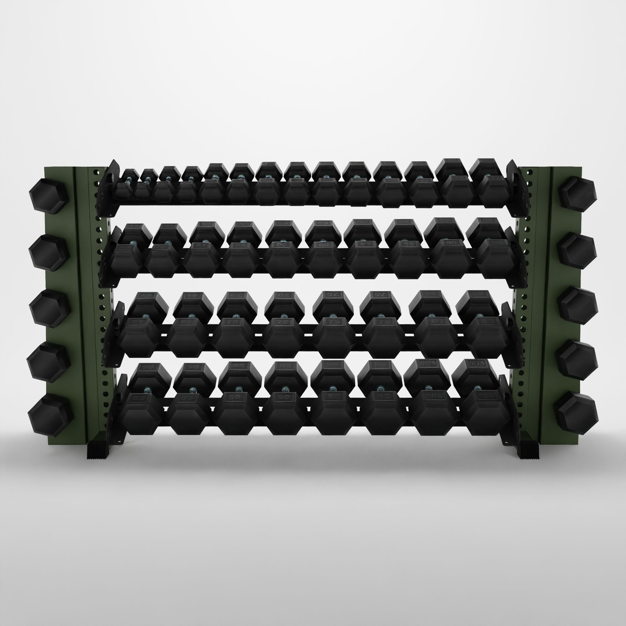 military green 70-inch alpha 4-tier horizontal dumbbell rack with elite vertical add-ons storing hex dumbbells