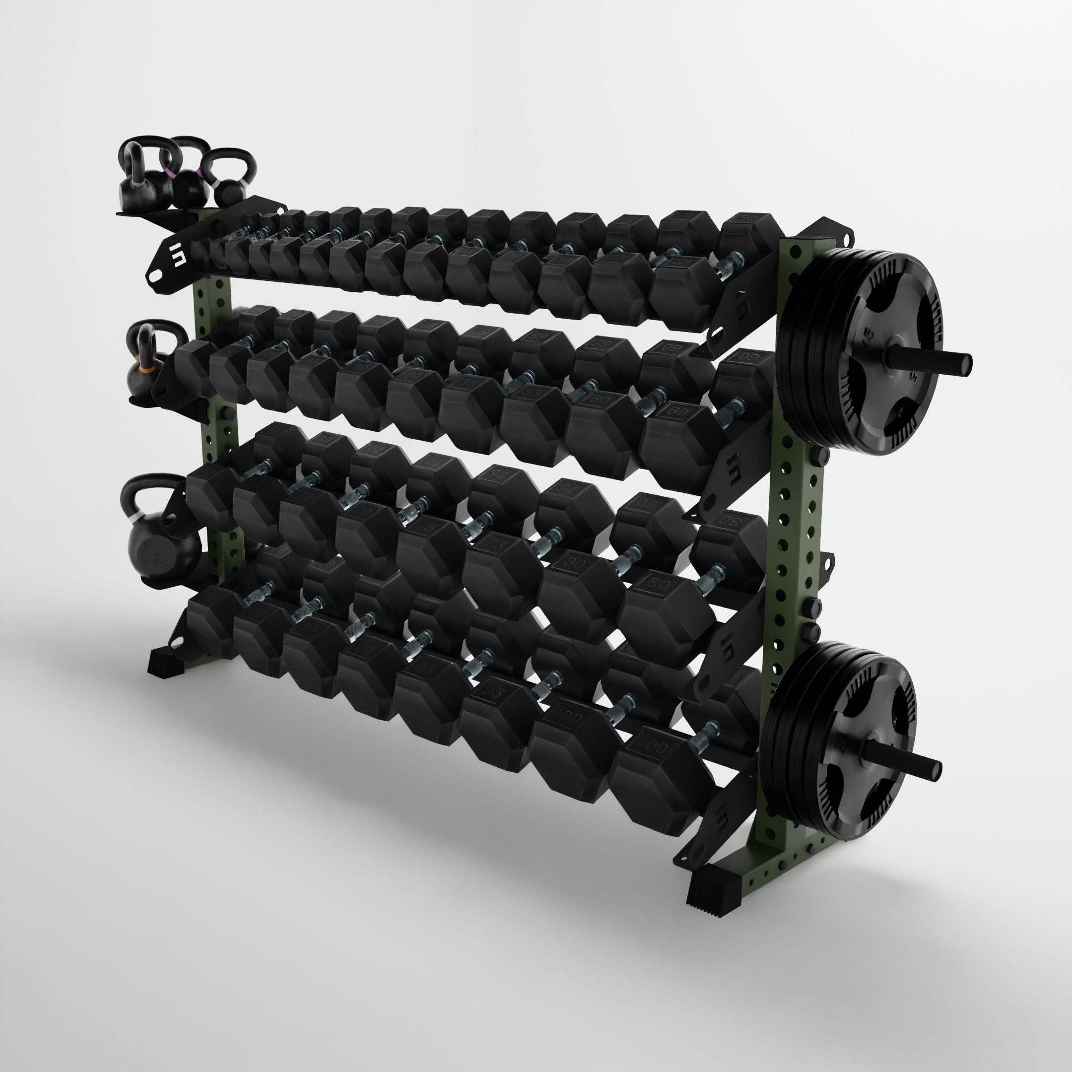 military green 70-inch alpha 4-tier horizontal dumbbell rack storing dumbbells, weight plates, and kettlebells using storage attachment accessories