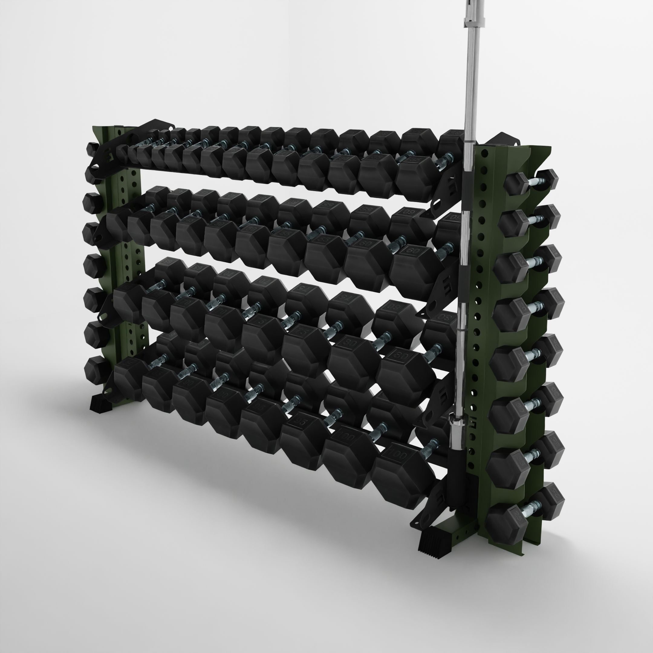 military green 70-inch alpha 4-tier horizontal dumbbell rack with vertical add-ons storing hex dumbbells and a barbell using a storage attachment accessory