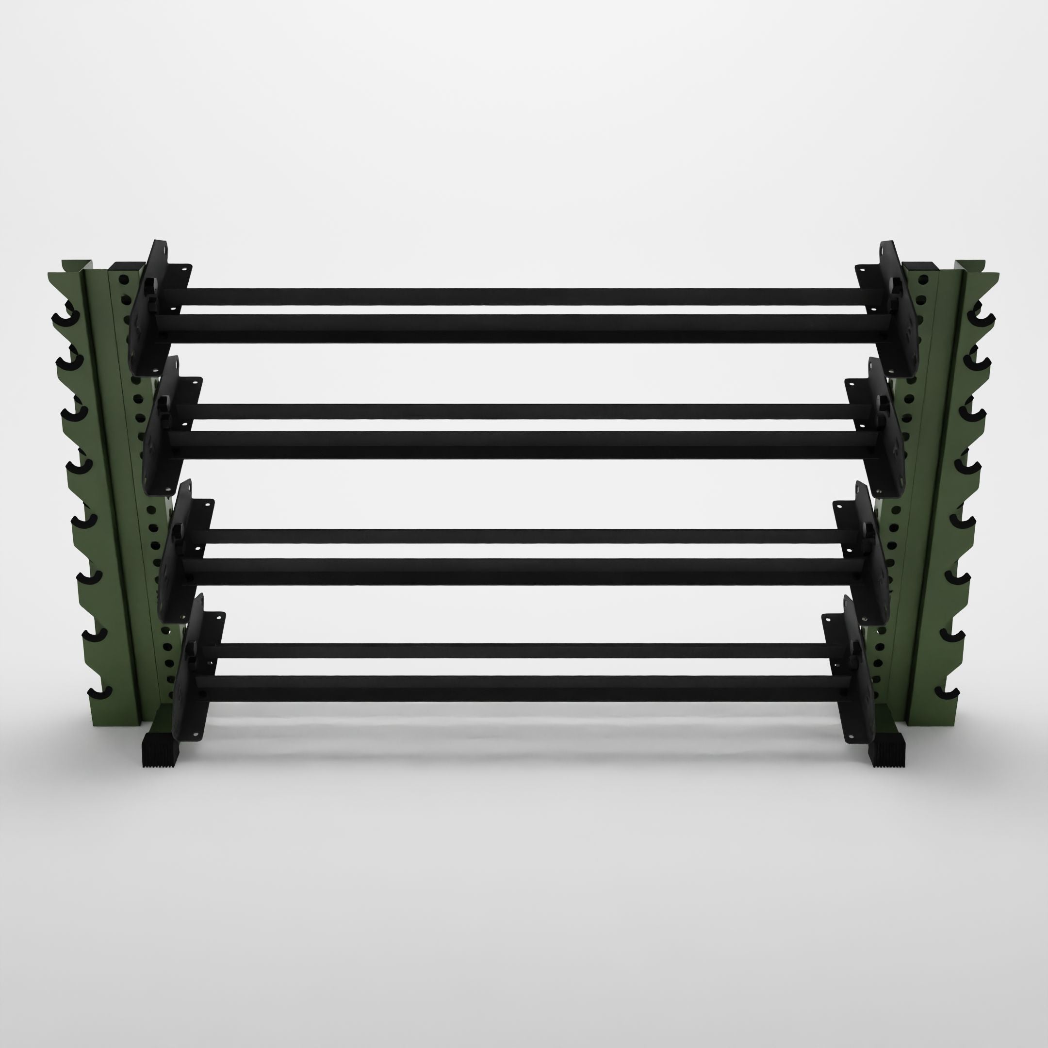 military green 70-inch alpha 4-tier horizontal dumbbell rack with vertical add-ons