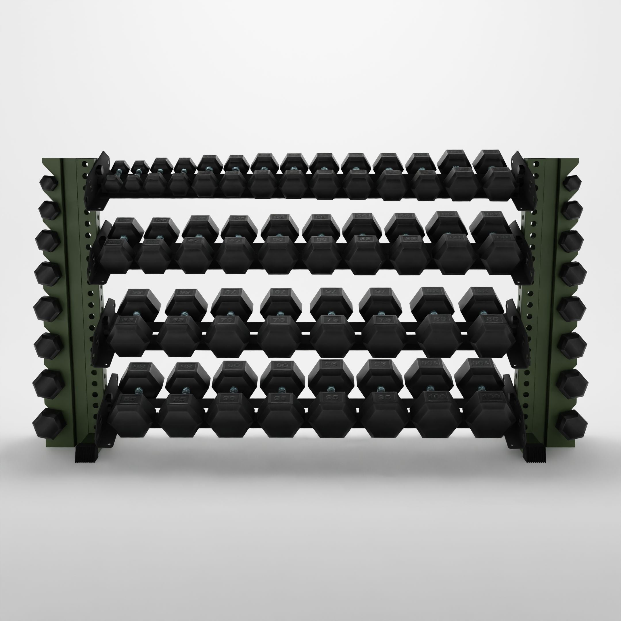 military green 70-inch alpha 4-tier horizontal dumbbell rack with vertical add-ons storing hex dumbbells