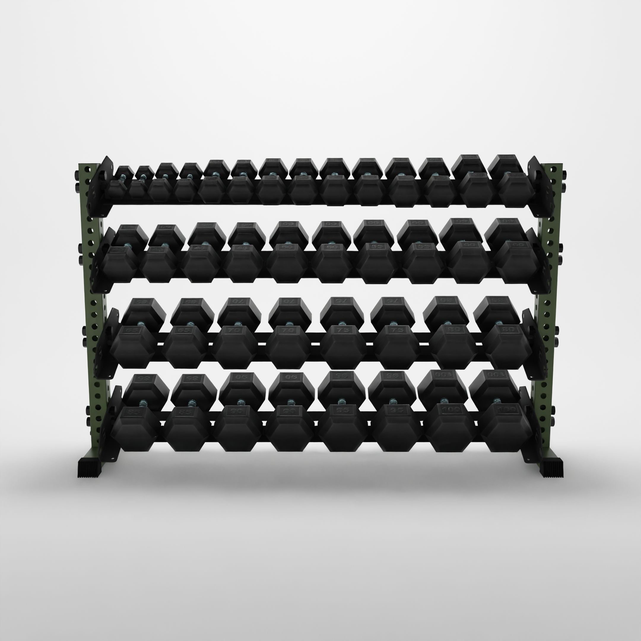 military green 70-inch alpha 4-tier horizontal dumbbell rack storing hex dumbbells