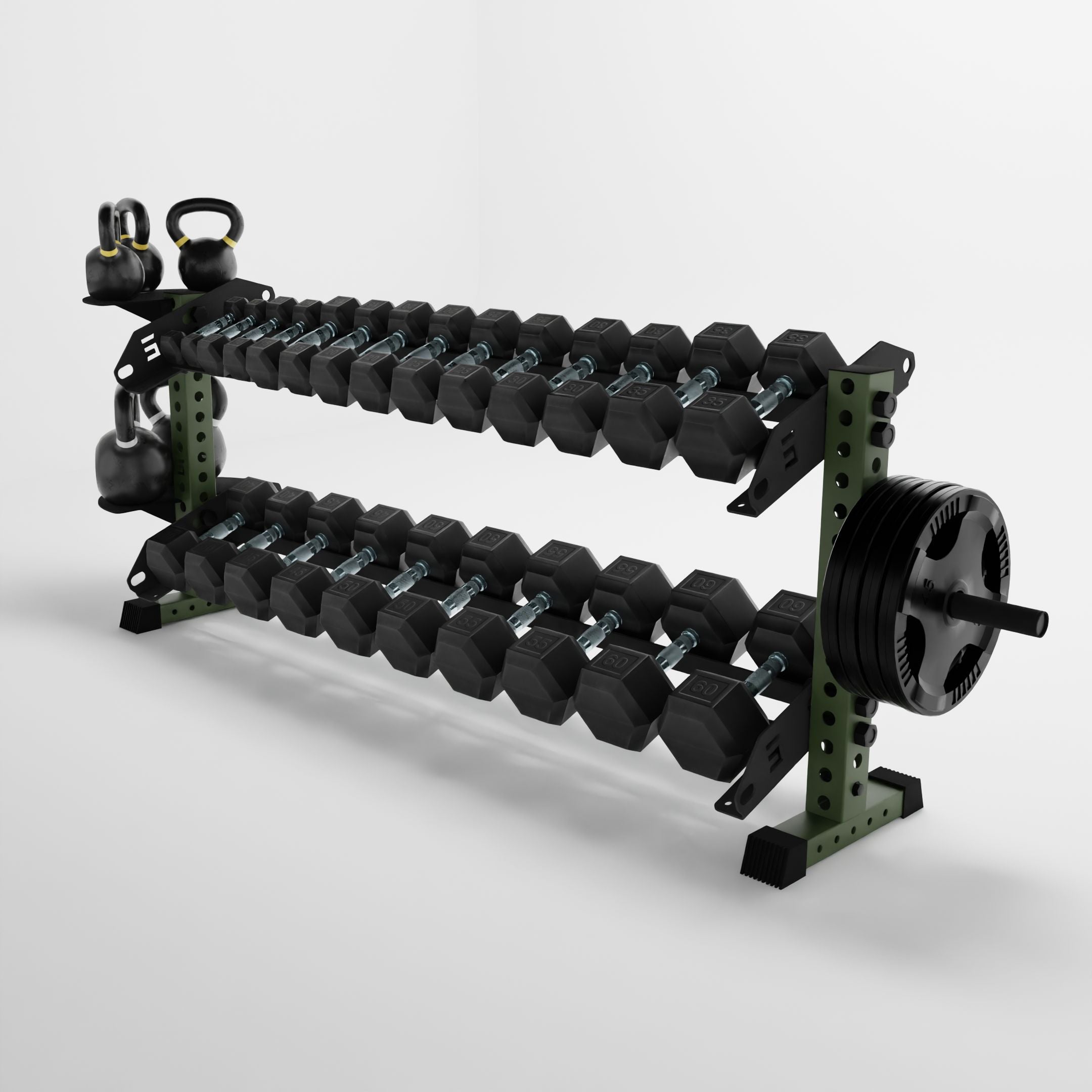 military green 70-inch bravo 2-tier horizontal dumbbell rack storing dumbbells, weight plates, and kettlebells using storage attachment accessories