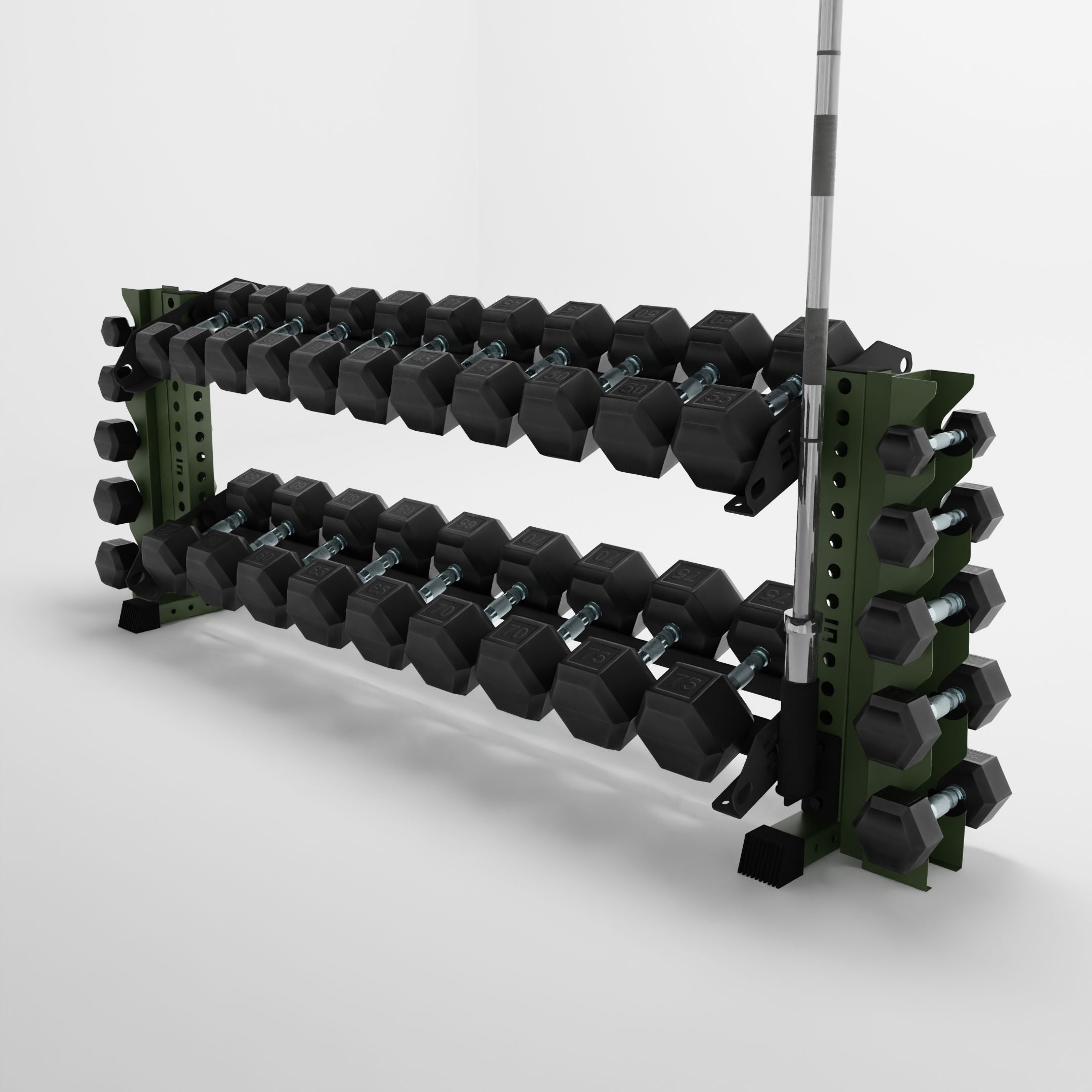 military green 70-inch bravo 2-tier horizontal dumbbell rack with vertical add-ons storing dumbbells and a barbell using a storage attachment accessory