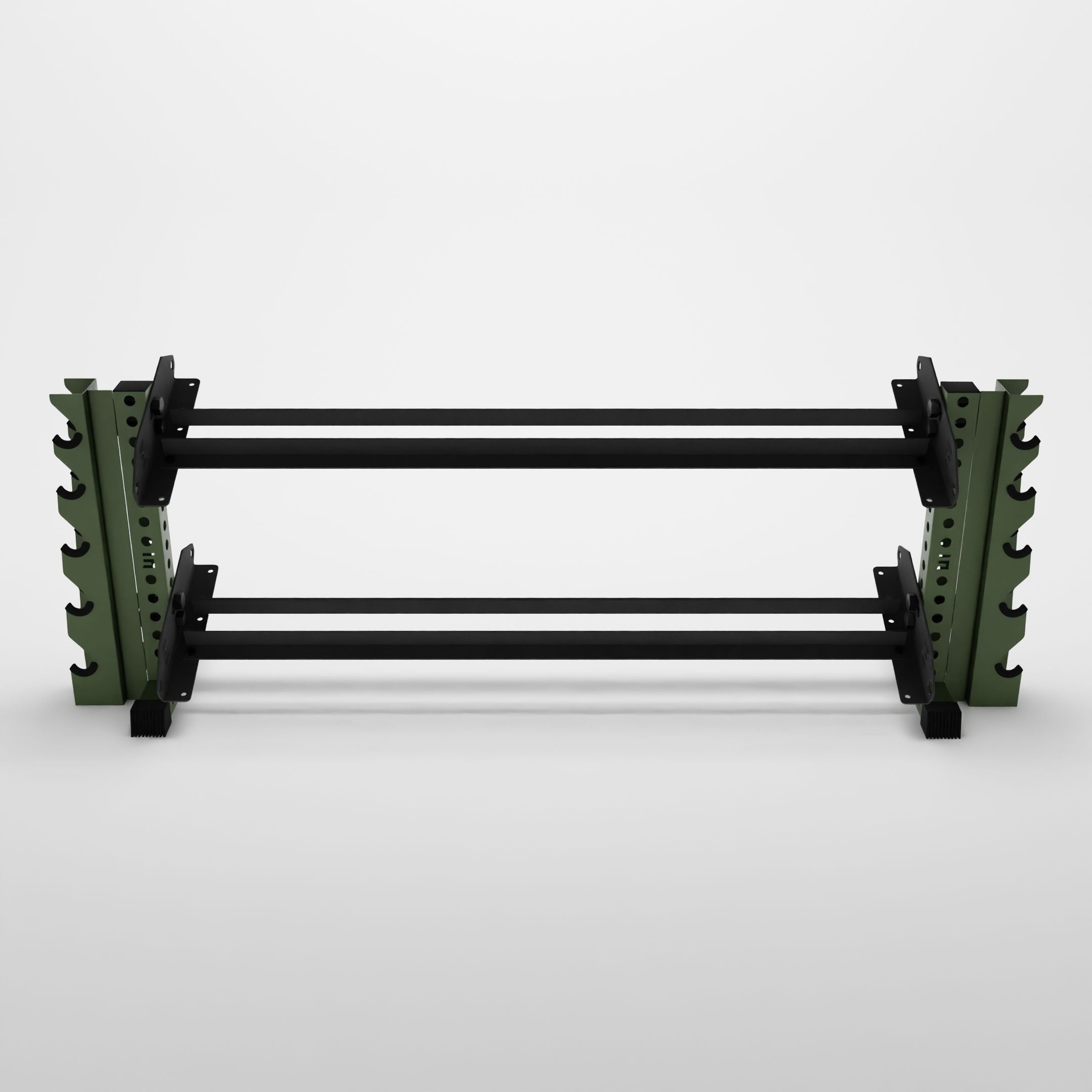 military green 70-inch bravo 2-tier horizontal dumbbell rack with vertical add-ons