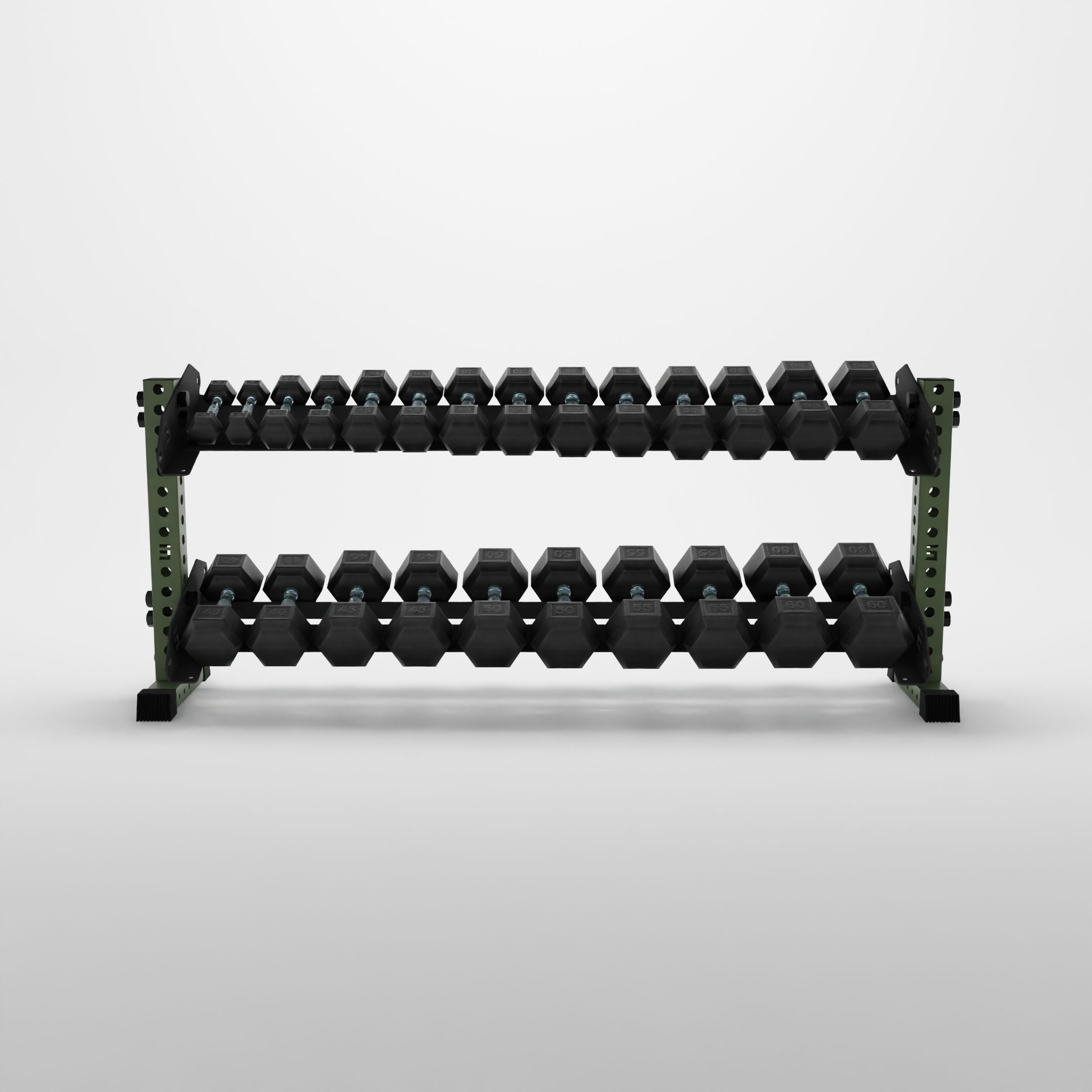 military green 70-inch bravo 2-tier horizontal dumbbell rack storing hex dumbbells