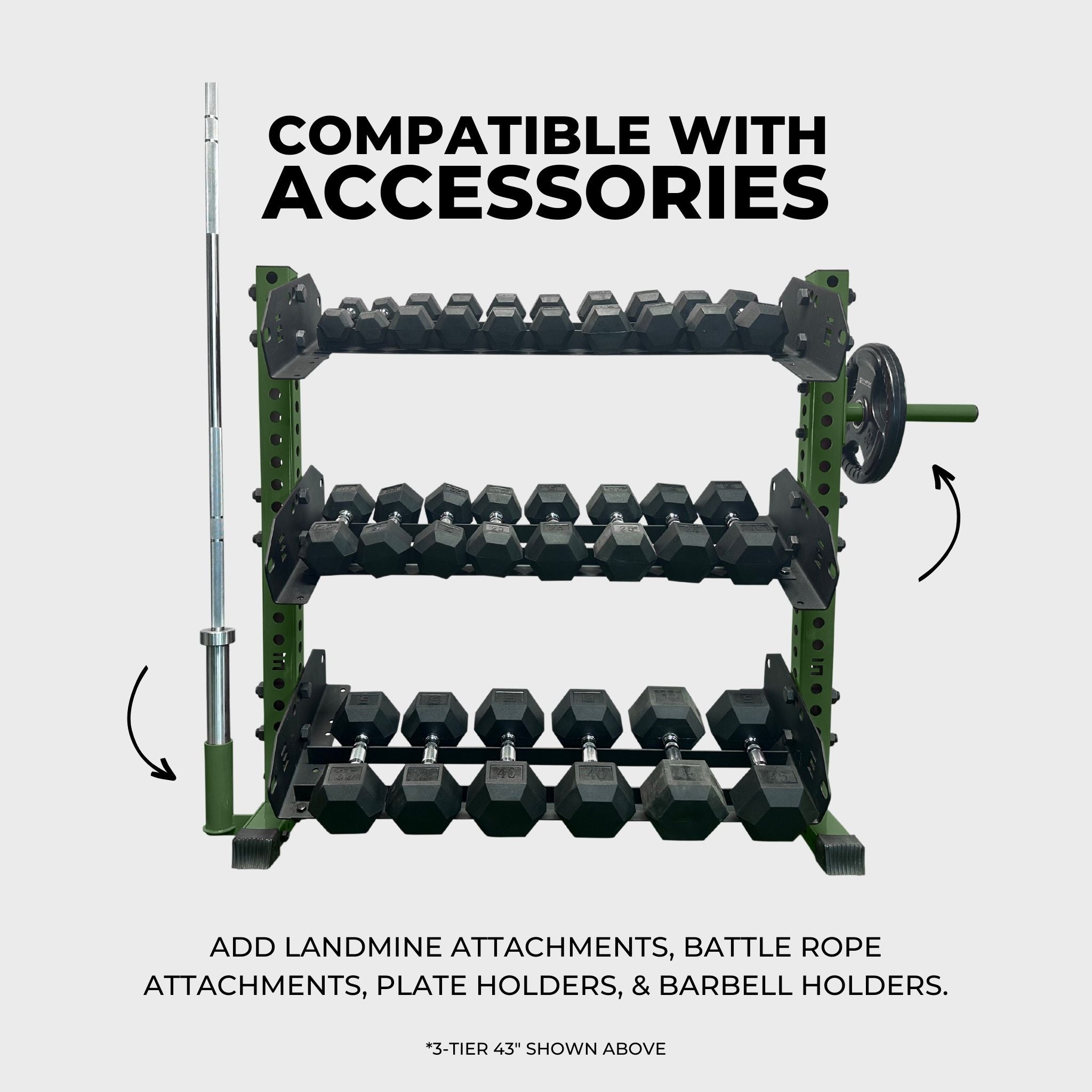 military green 3-tier horizontal dumbbell rack holding hex dumbbells, a barbell in a barbell holder attachment accessory, and a weight plate on a weight plate holder attachment accessory with text reading "compatible with accessories: add landmine attachments, battle rope attachments, plate holders, and barbell holders"