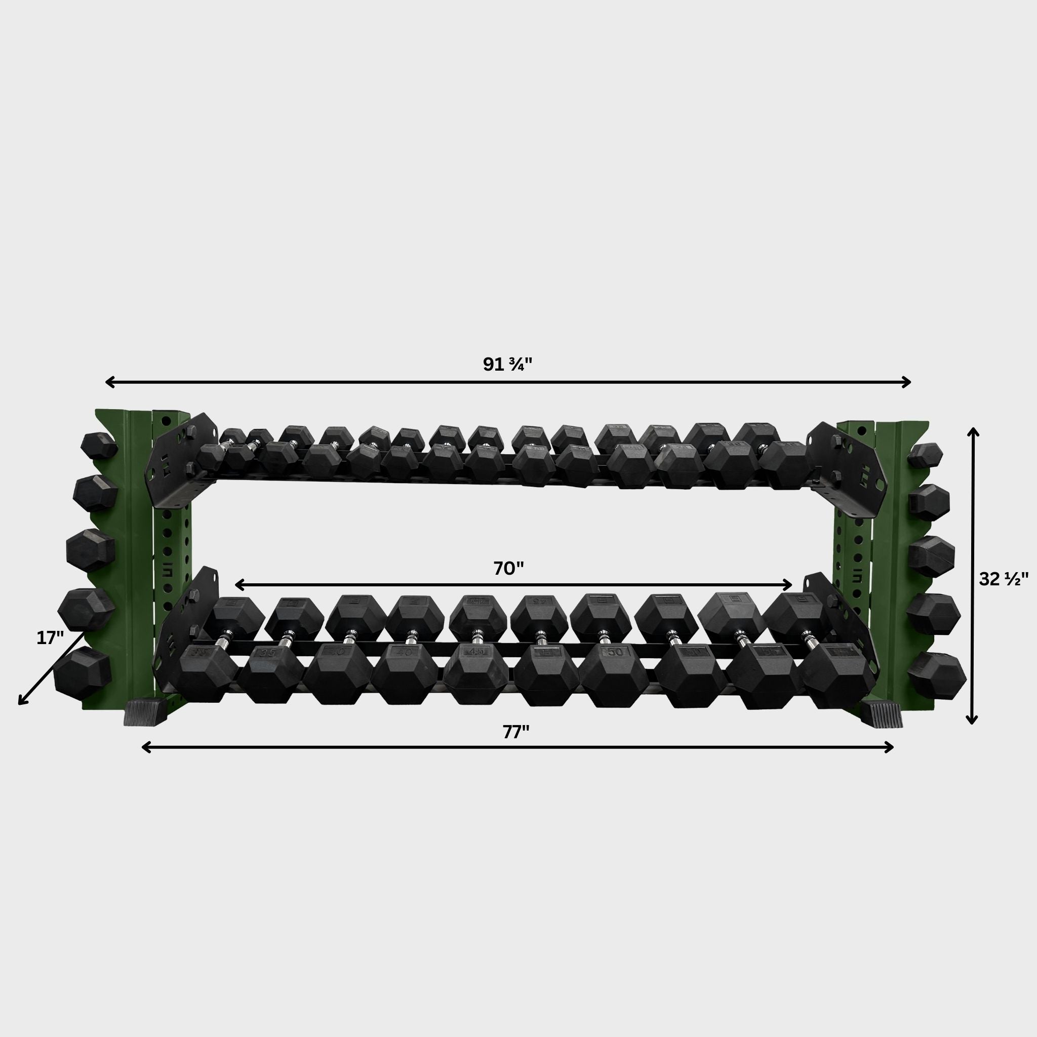 military green 70-inch bravo 2-tier horizontal dumbbell storage rack loaded with hex dumbbells and its product dimensions