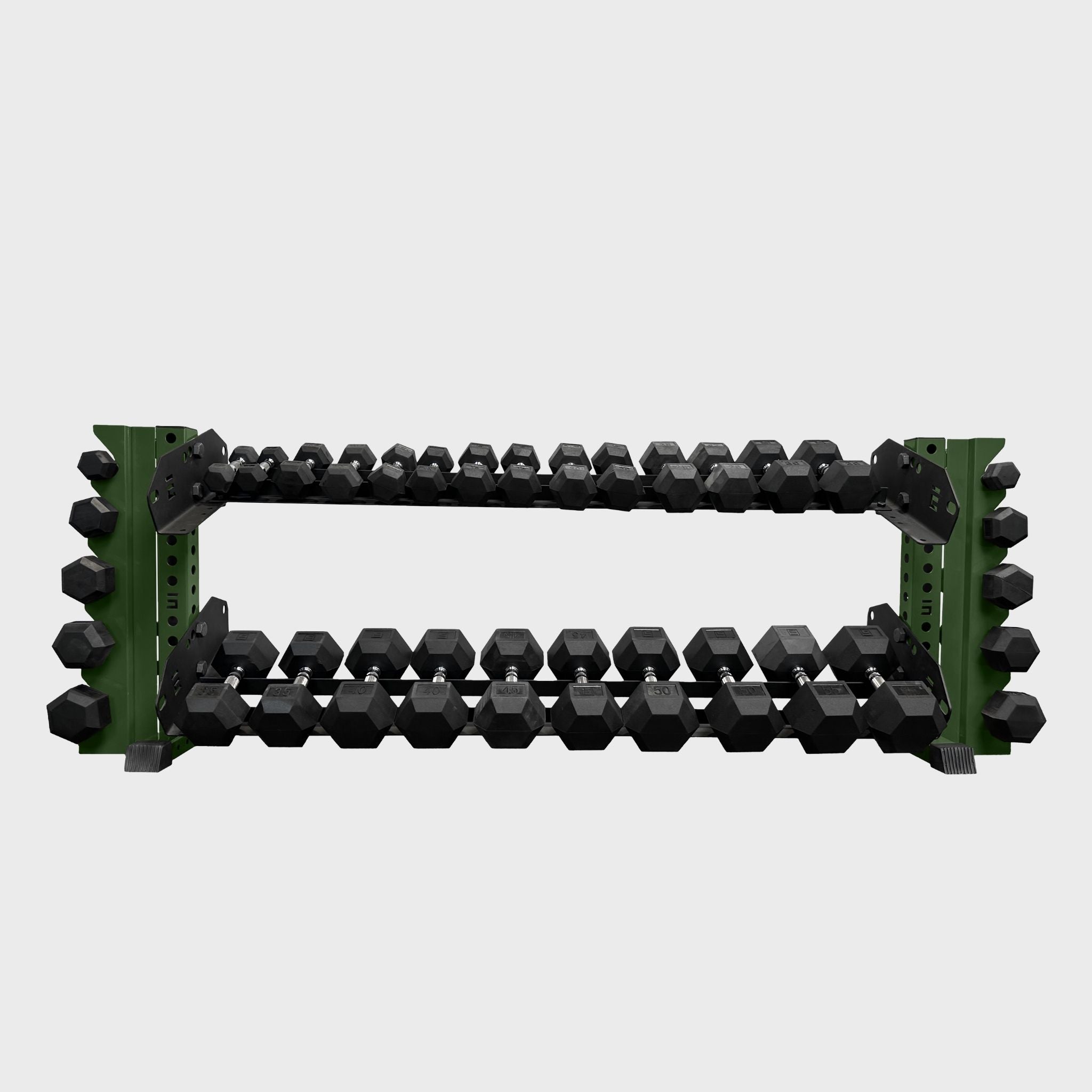 military green 70-inch bravo 2-tier horizontal dumbbell storage rack loaded with hex dumbbells