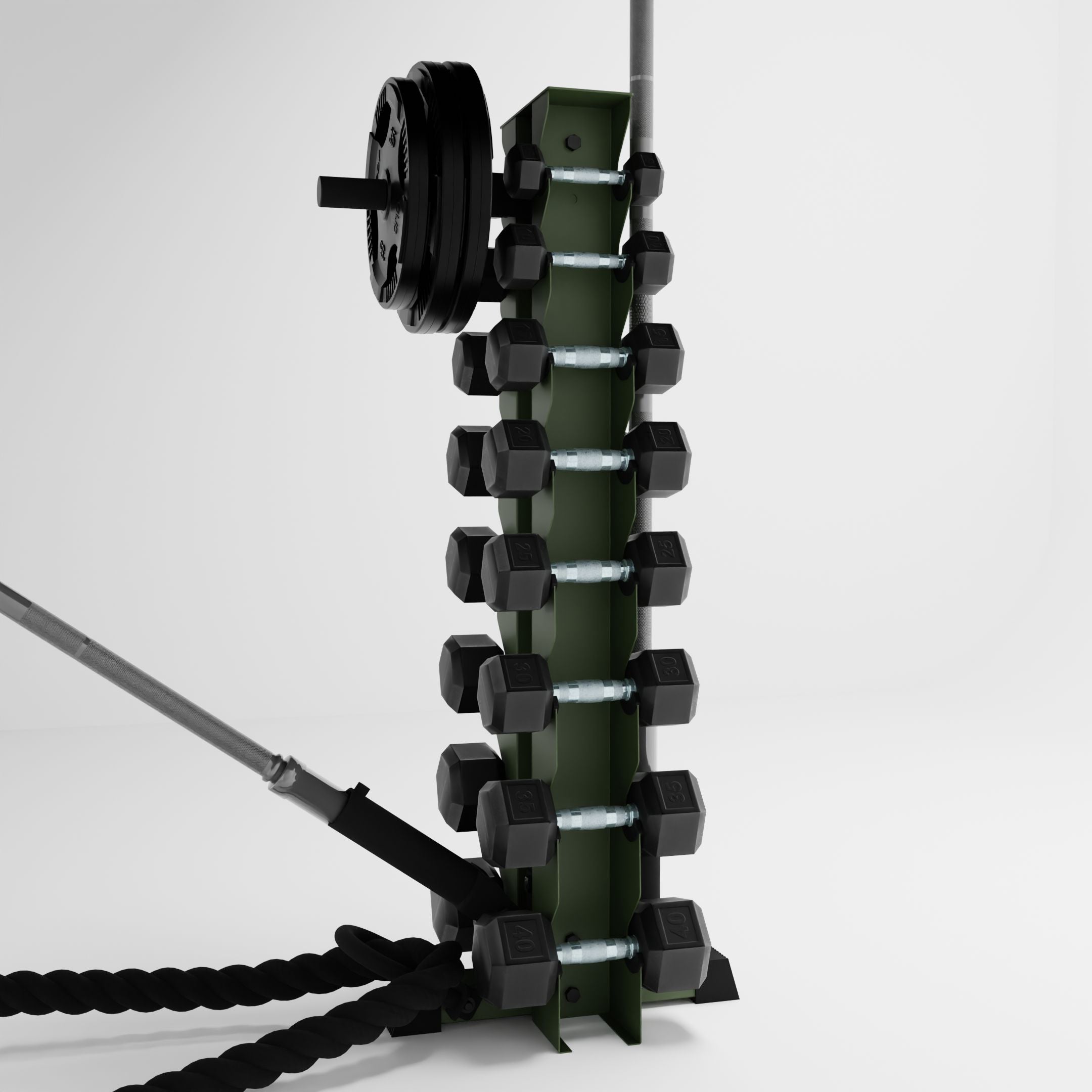 military green alpha 8-tier vertical dumbbell storage rack storing dumbbells, weight plates, barbells, and a battle rope using storage attachment accessories